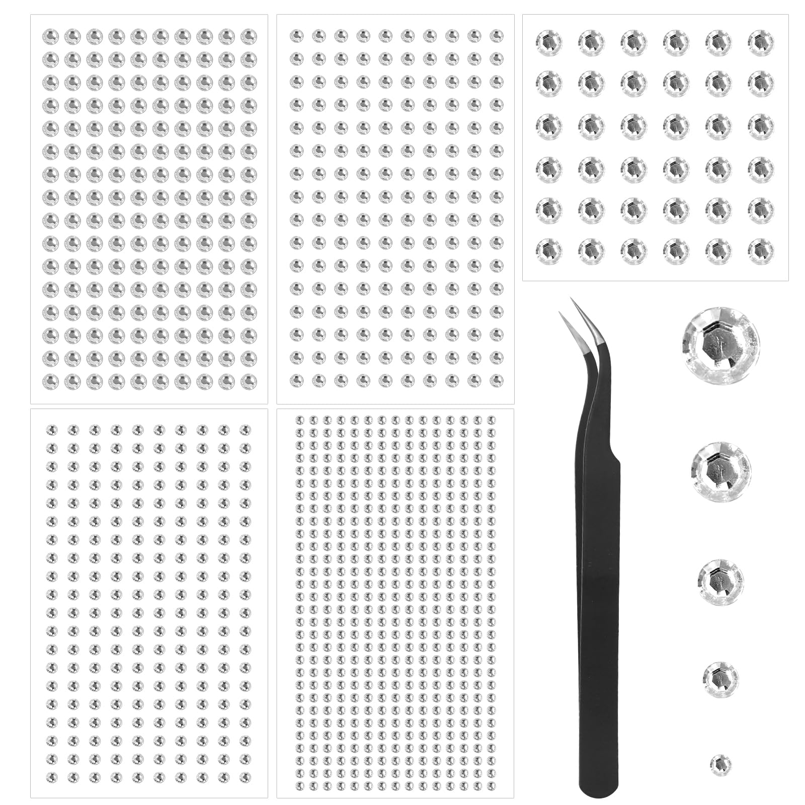 1006PCS Rhinestone Gem Stickers for Crafts, Face Makeup, Nail Art, Mobile Phone, Scrapbooking - 4 Sizes: 3mm/6mm Shiny Diamond Self Adhesive