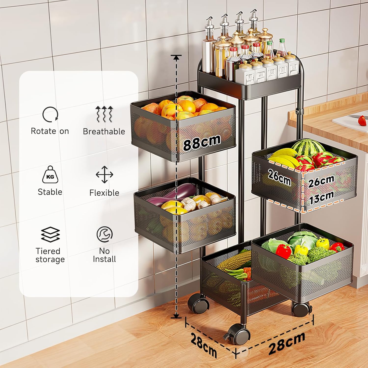 キッチントロリー、回転式収納トロリー、収納トロリー、収納ラック