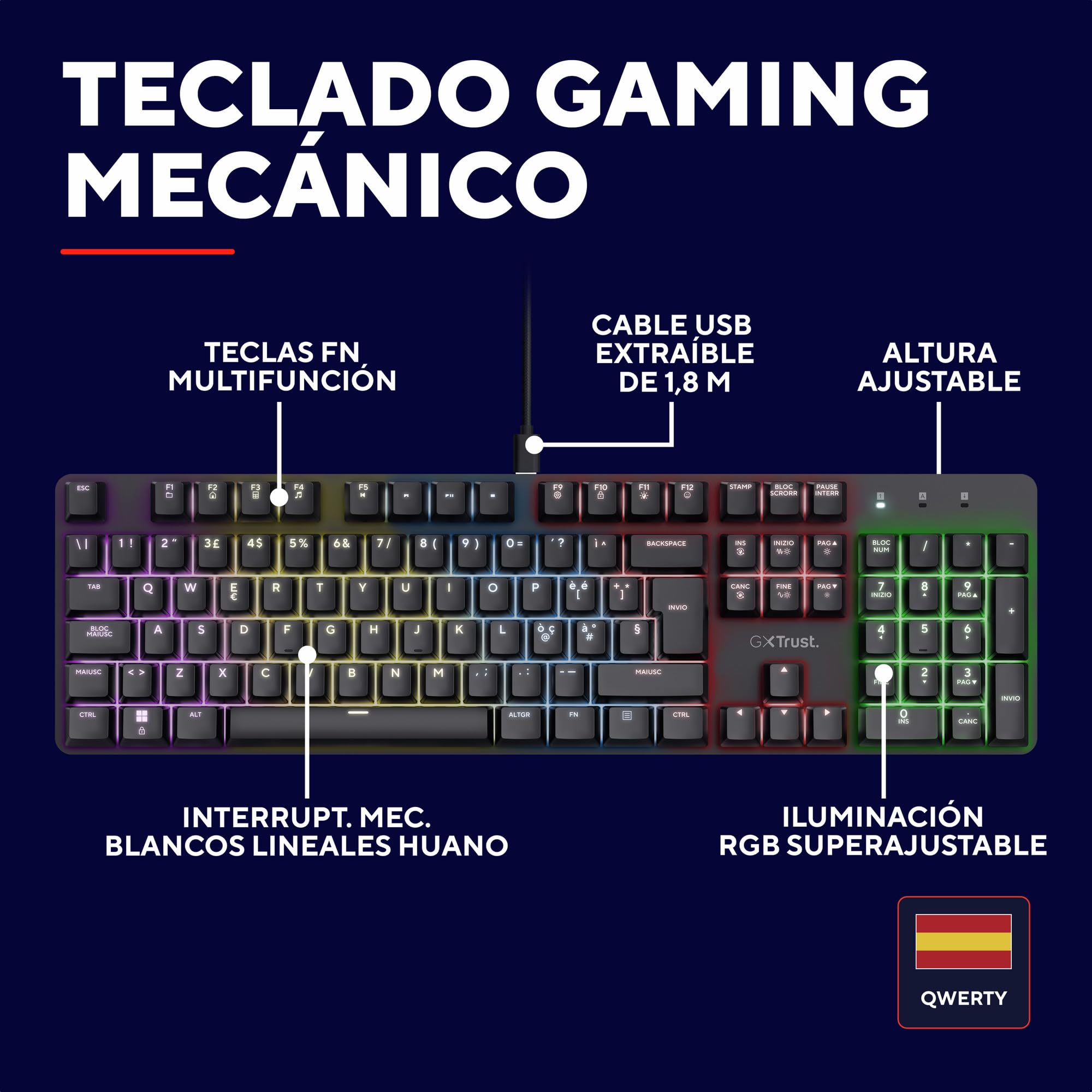 GXTrust 871 Zora Teclado Mecánico Español QWERTY con Iluminación RGB, Interruptores Lineales Huano, N-Key Rollover Anti-ghosting, Teclado Gaming Programmable con Cable USB para PC Portátil