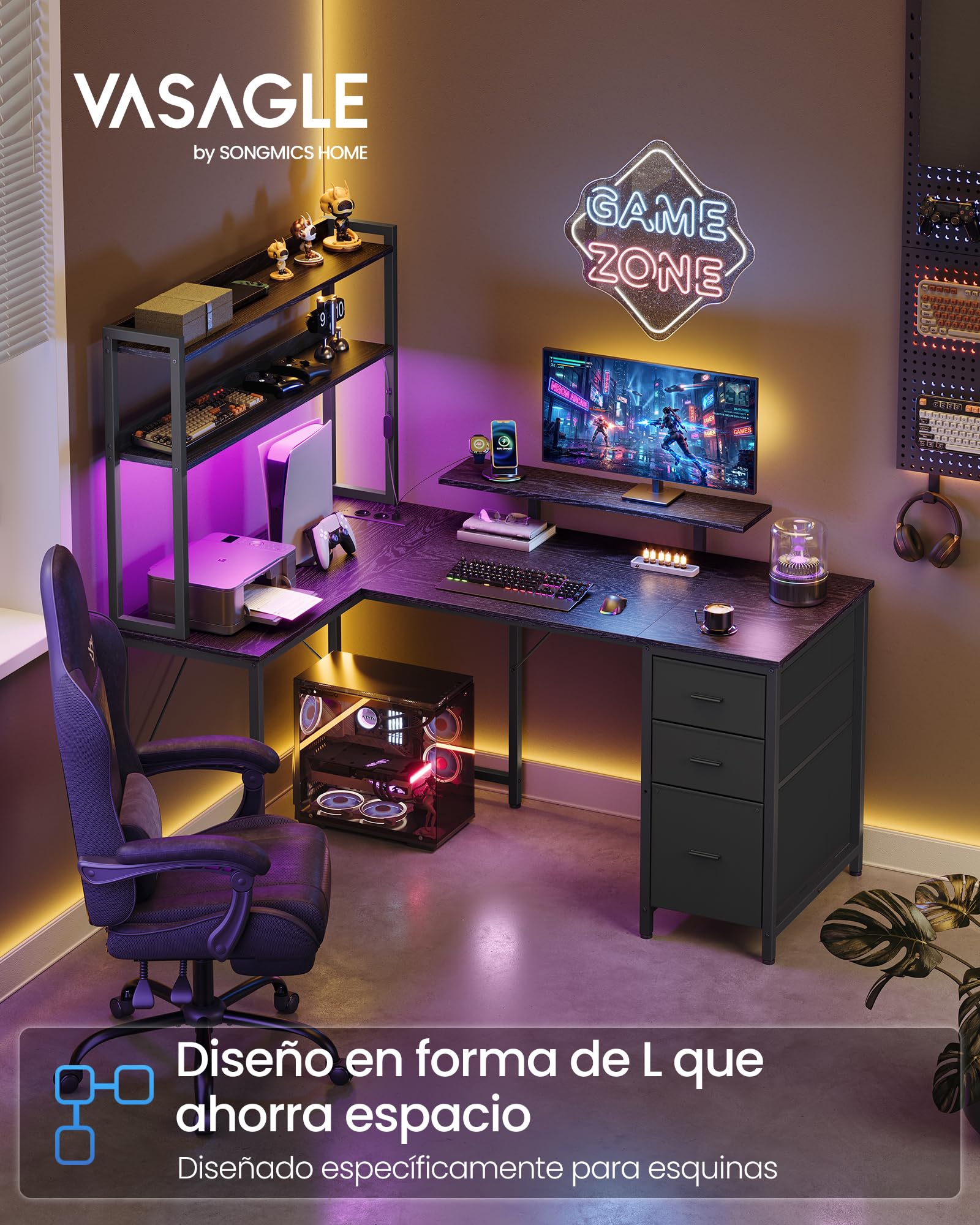 VASAGLE Escritorio en Forma de L, con Enchufes, Luces LED, Cajones y Soporte para Monitor, 140 x 100 x 150 cm, Negro, para Oficina en Casa y Gaming, Colección Barnet LWD162B101