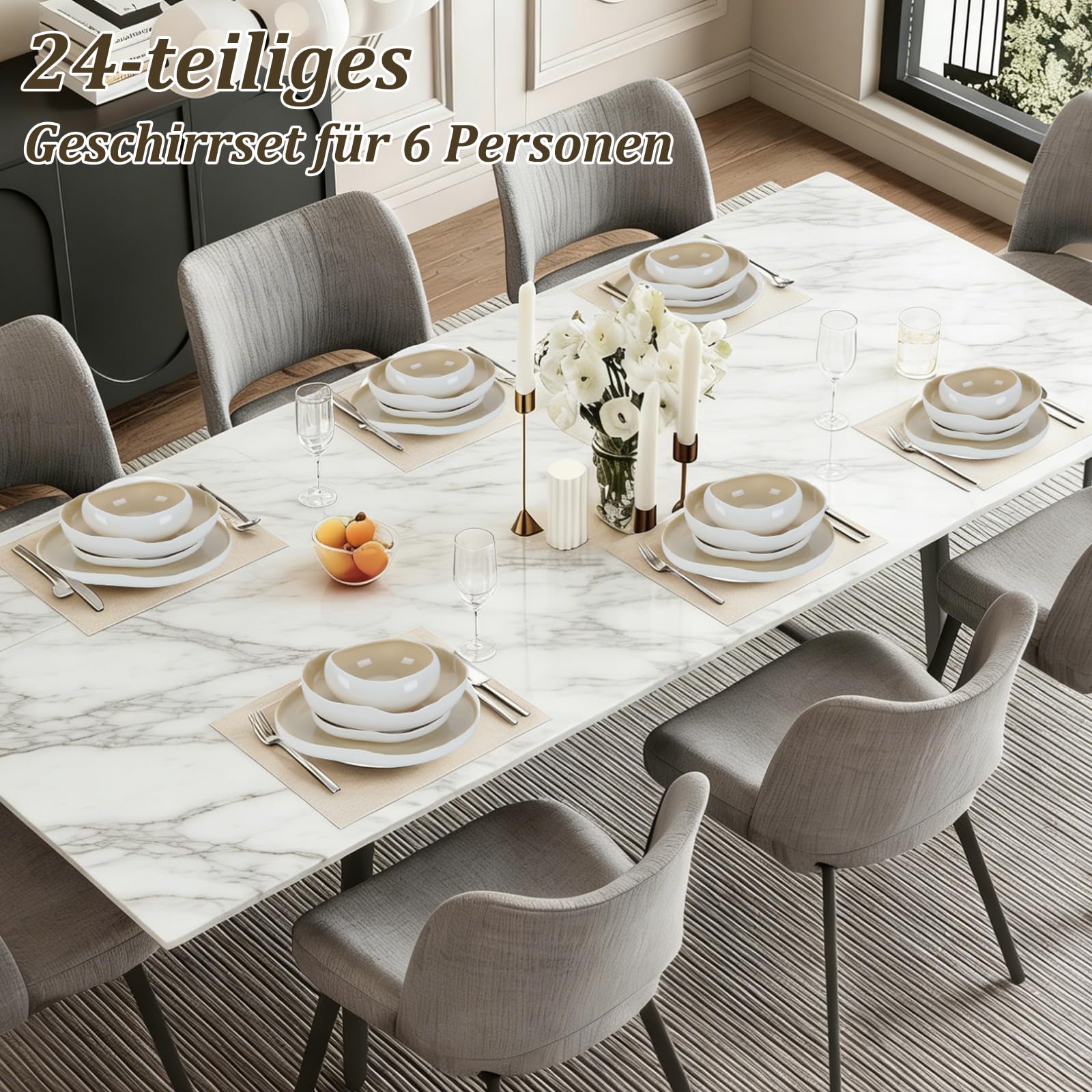 Geschirrset, Tellerset 6 Personen, 24-Teilig Tafelservice, Porzellan Geschirr Set Je Speiseteller, Dessertteller, Müslischalen, Salatschüssel, Geschirr Hellbeige | Dinner set, Tafelservice, Je 6 Speiseteller, Dessertteller, Müslischalen, Salatschüssel, Te