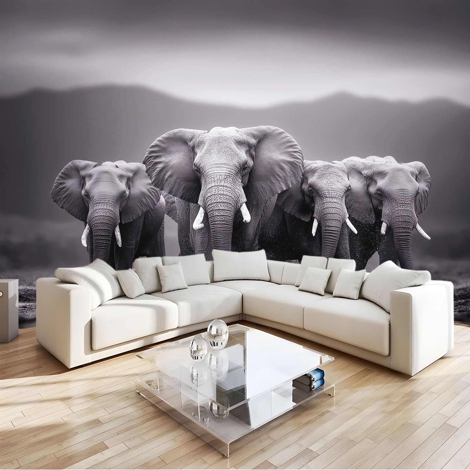 Tapeta dziecięca 3D nowoczesne czasy łąki migracja słonie 200 x 140 cm - fototapeta do pokoju chłopców i dziewcząt z włókniny premium - artystyczny wzór marzeń szary