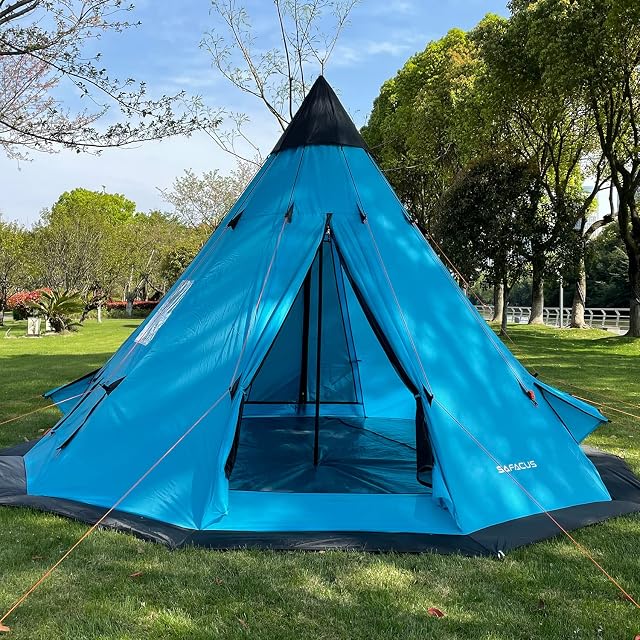 SAFACUS Teepee Tent for Adults 5-6 Person Family Camping Tent, Two doors with Double layer Party Tipi Tent,12' x 12' Tower Post Bell Tent for Family Vacation