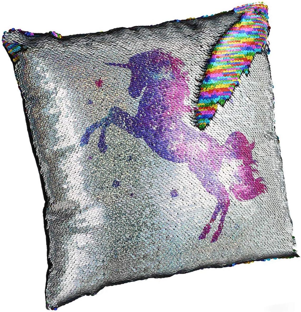 meowtastic Unicorn Pillow, Sequin Pillow Insert Included, 16"x16" Unicorn Flippy Sequin Pillow Glitter Rainbow, Plushy, Stress Relieving