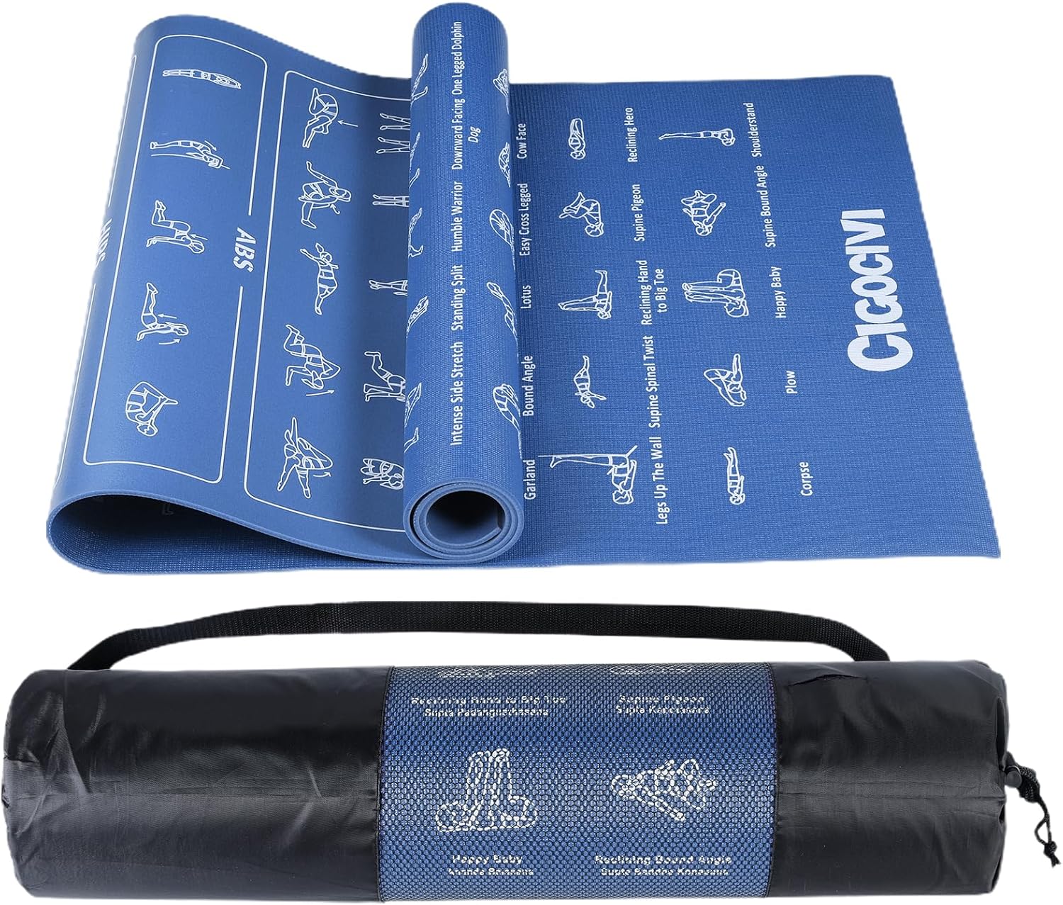 Upgrade New Instructional Yoga Mat with 75 Poses Printed on It for Beginners, 5.7’x2’x0.25″, 6mm Travel Yoga Mat with Bag Christmas Gifts for Women and Men, 1/4 Inch Extra Thick Non-Slip (Blue)