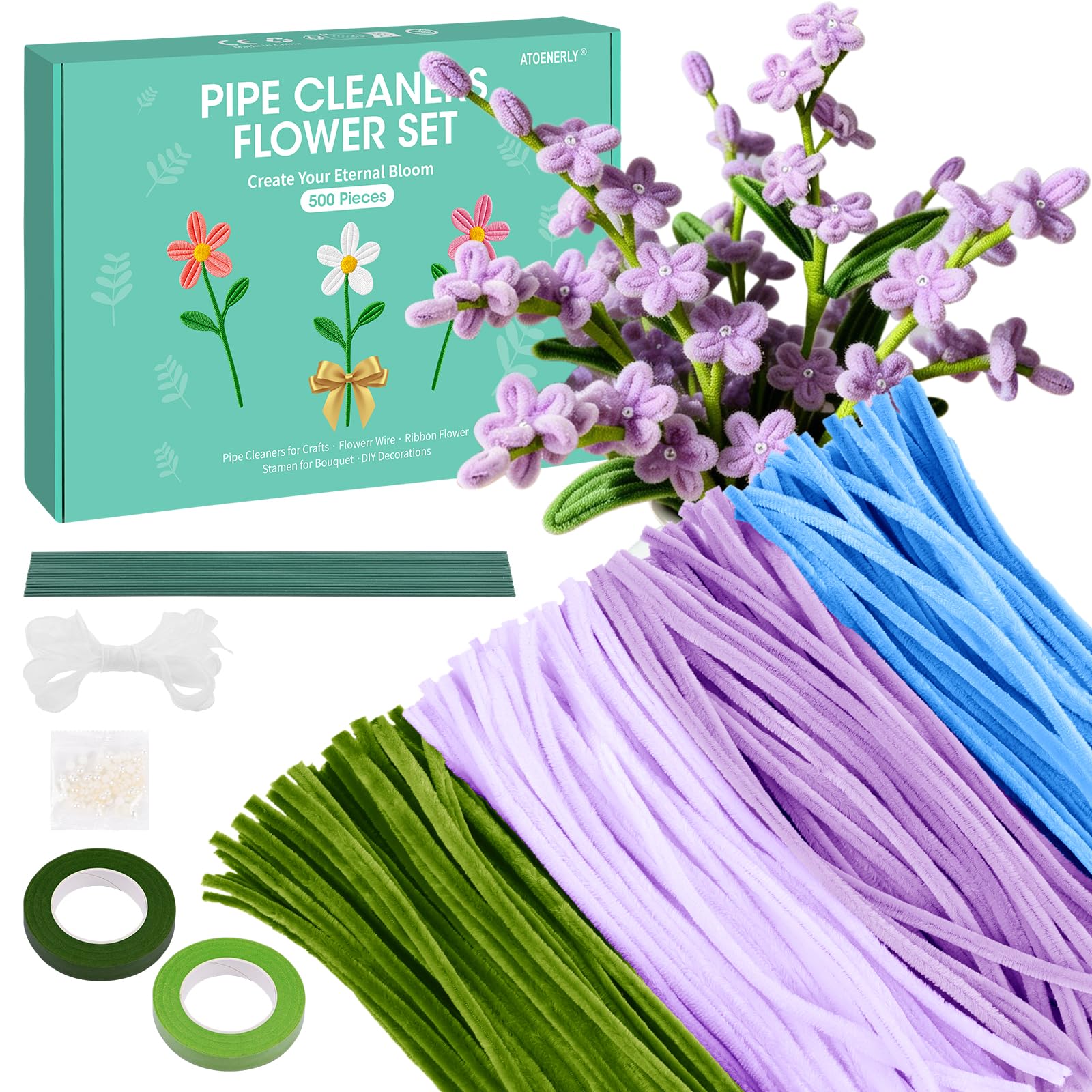 Pfeifenreiniger Blumen Set, 500 Stück Pfeifenputzer zum Basteln Pfeifenreiniger zum Basteln mit Schleifenband, Klebeband, Staubblätter, Blumendraht, Blumenpapier, Anleitung zum Blumenbasteln, Rosa