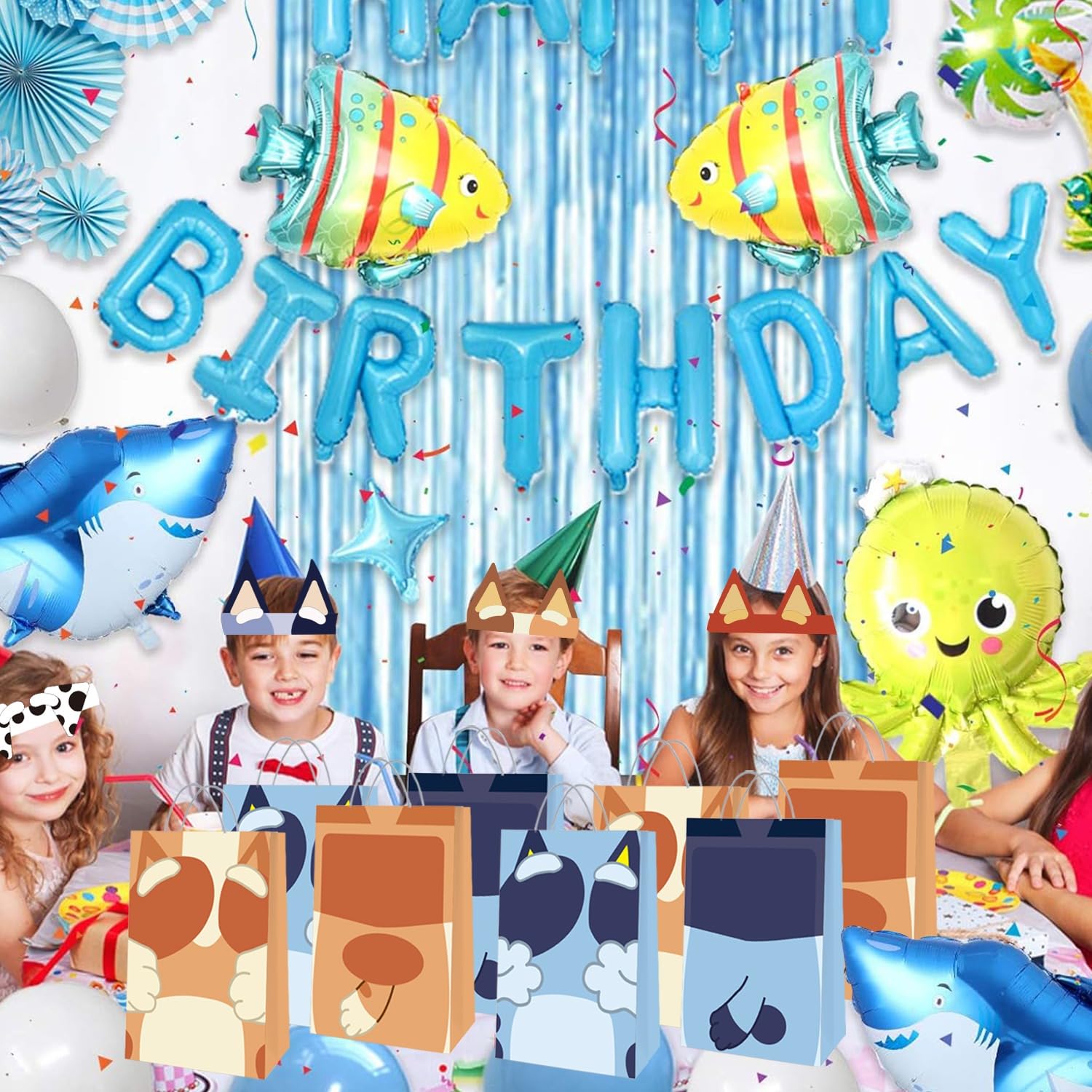HANEI 36 Pcs Blue Dog Birthday Party Supplies - 18 Goodie Bags and 18 Blue Dog & Friends Paper Crowns Headbands Party Favors