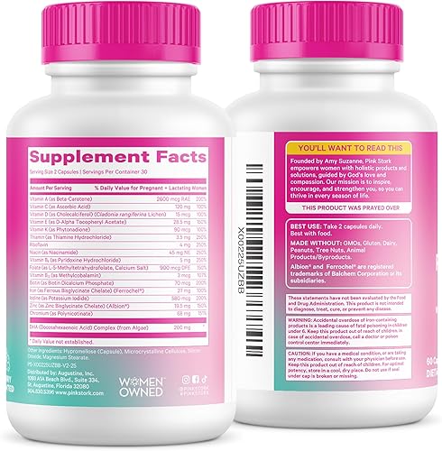 Vista 8 de Pink Stork Total Postnatal Vitamins for Women with Vegan DHA, Iron, Folate, and Vitamin B12, Postpartum Recovery Essentials, Daily Supplement for