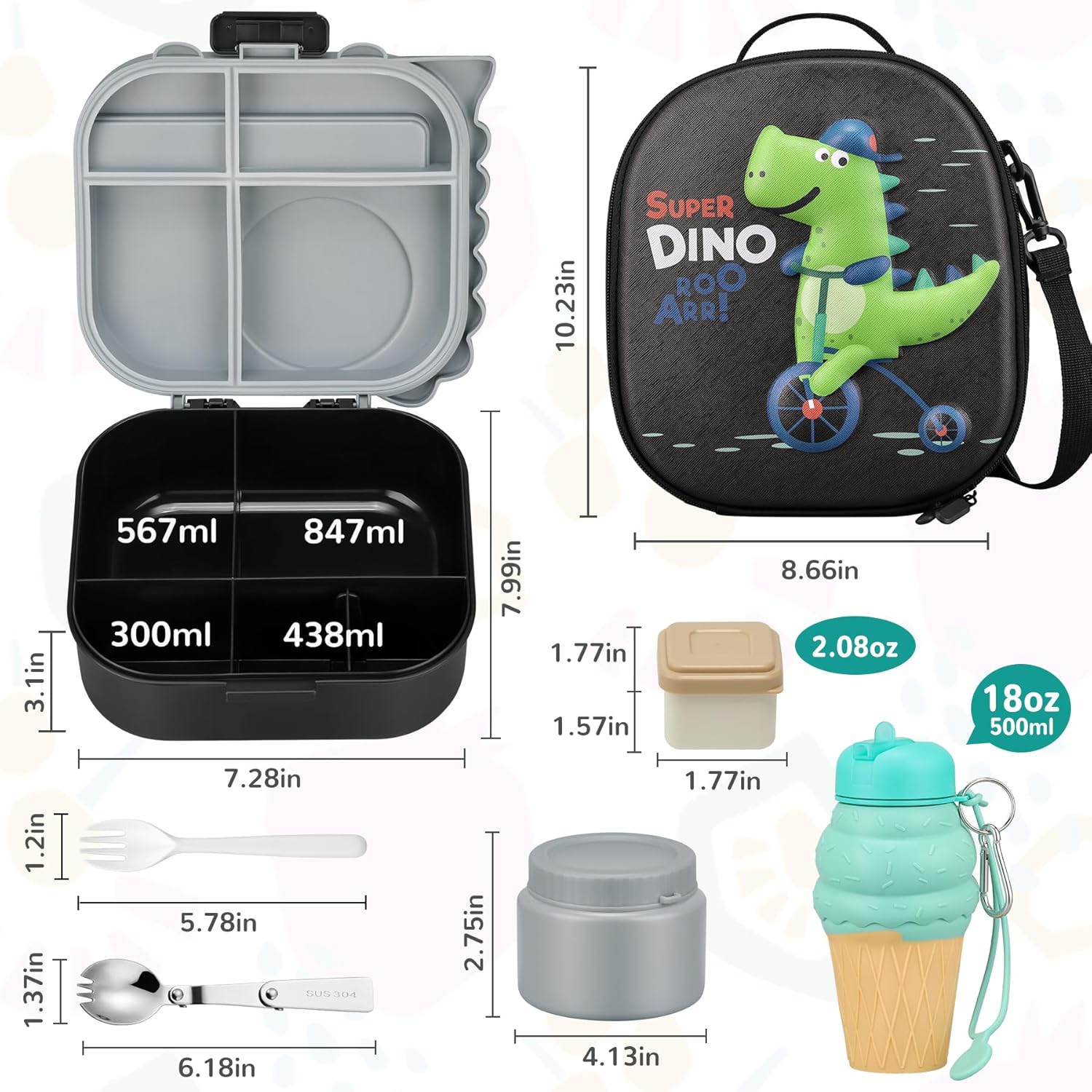 Lunch Box with 13oz Soup Thermo for Hot Food Kids Insulated Food Jar Container with Silicone Water Cup and Spoon & Fork Leak Proof Bento Box Set with 5 Compartment Lunch Bag for School Travel