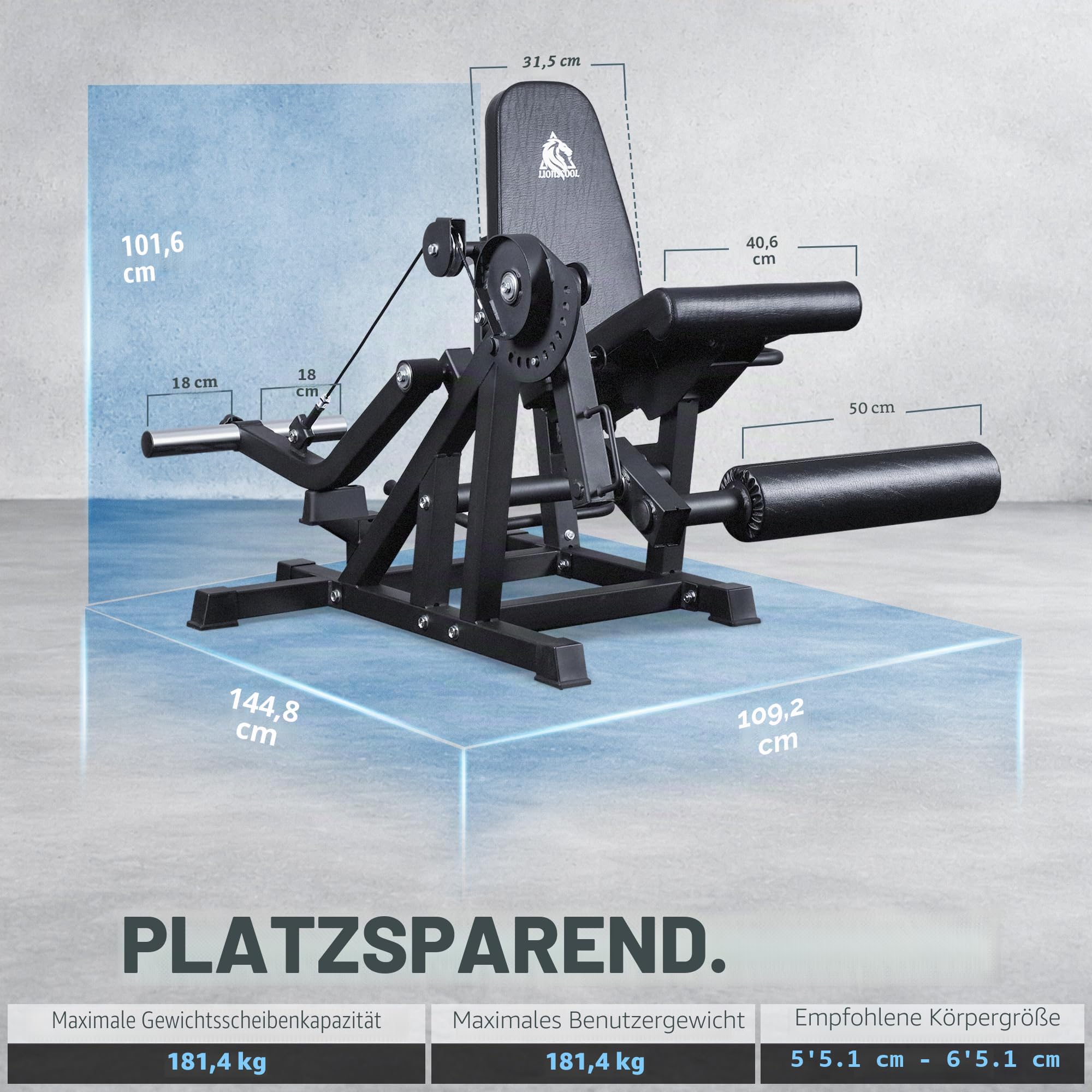 LIONSCOOL Beinverlängerungs- und Beincurl-Maschine V4.0, 360 KG Kapazität, verstellbare sitzende Beinextension, liegende Beinbeugebank, kabelbetrieben, für 5CM Hantelscheiben geeignet , Home-Gym