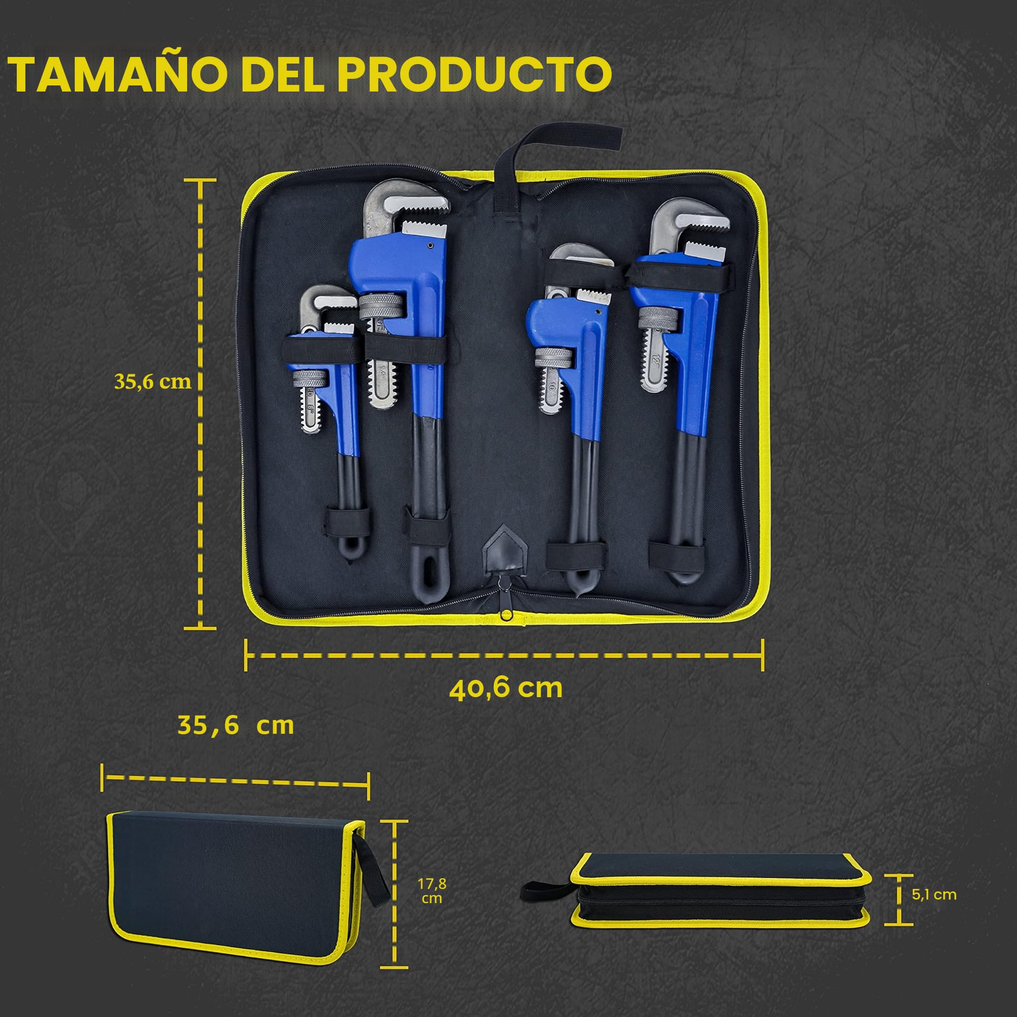 Juego de 4 llaves de tubo resistentes tratadas térmicamente ajustables de 8, 10, 12, 14 pulgadas, juego de llaves de fontanería de agarre suave con bolsa de almacenamiento
