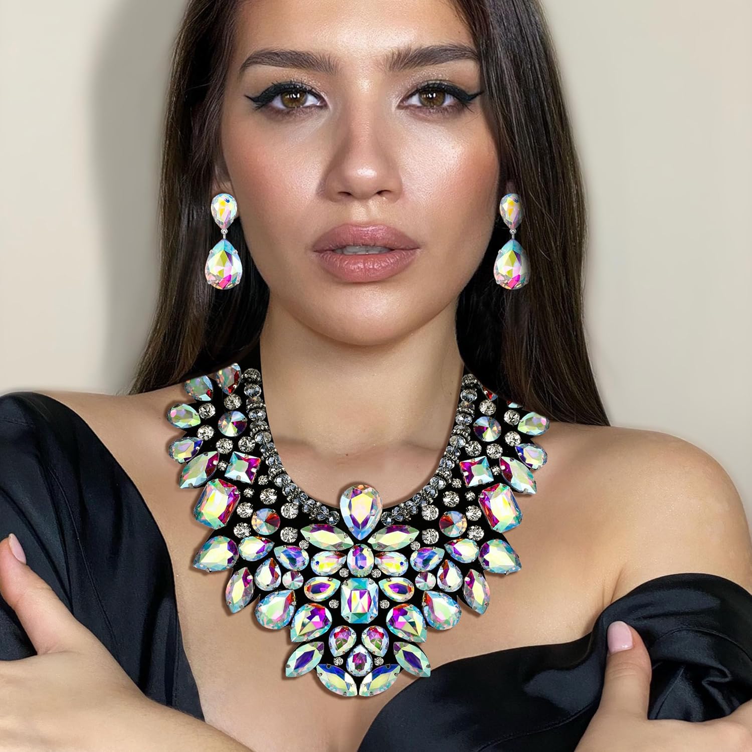 Flyonce Costume Jewelry for Women, 9 Colors Rhinestone Crystal Statement Necklace Earrings Set - Image 2