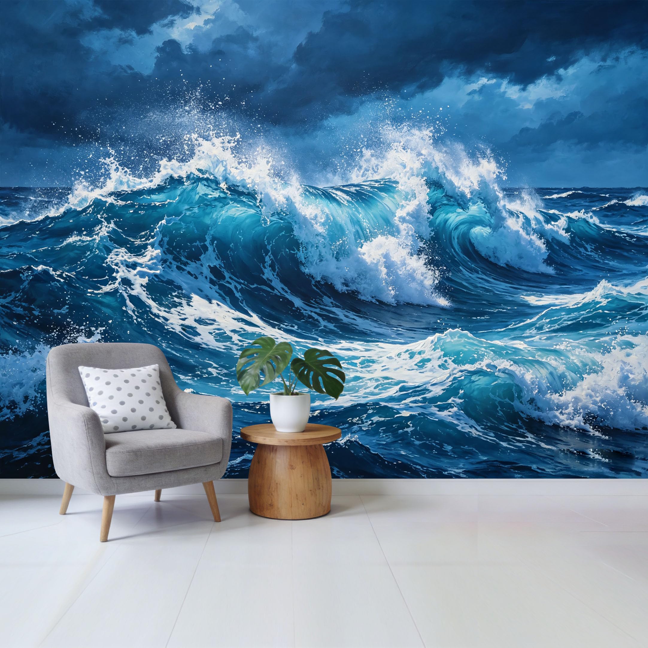 Qzlithotic Yq2605250074 Custom Size Wall Mural Stormy Deep Blue Sea Ocean Waves 3D Marine Landscape Selfadhesive Wall Fabric Removable Wallpaper For Home Office Decor