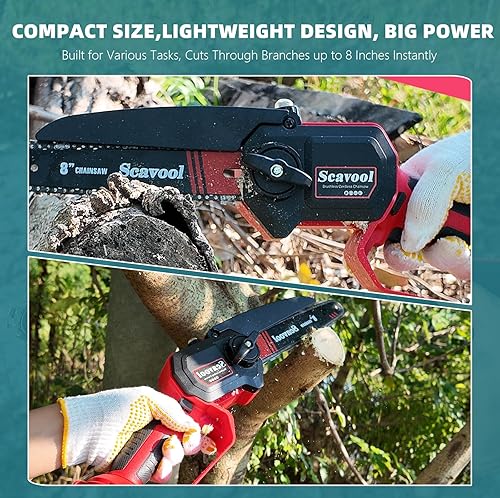 Miniatura 6 de Mini motosierra, motosierra pequeña inalámbrica de 6 y 8 pulgadas, motor sin escobillas, con 2 baterías de 4.0 Ah más tiempo de funcionamiento,