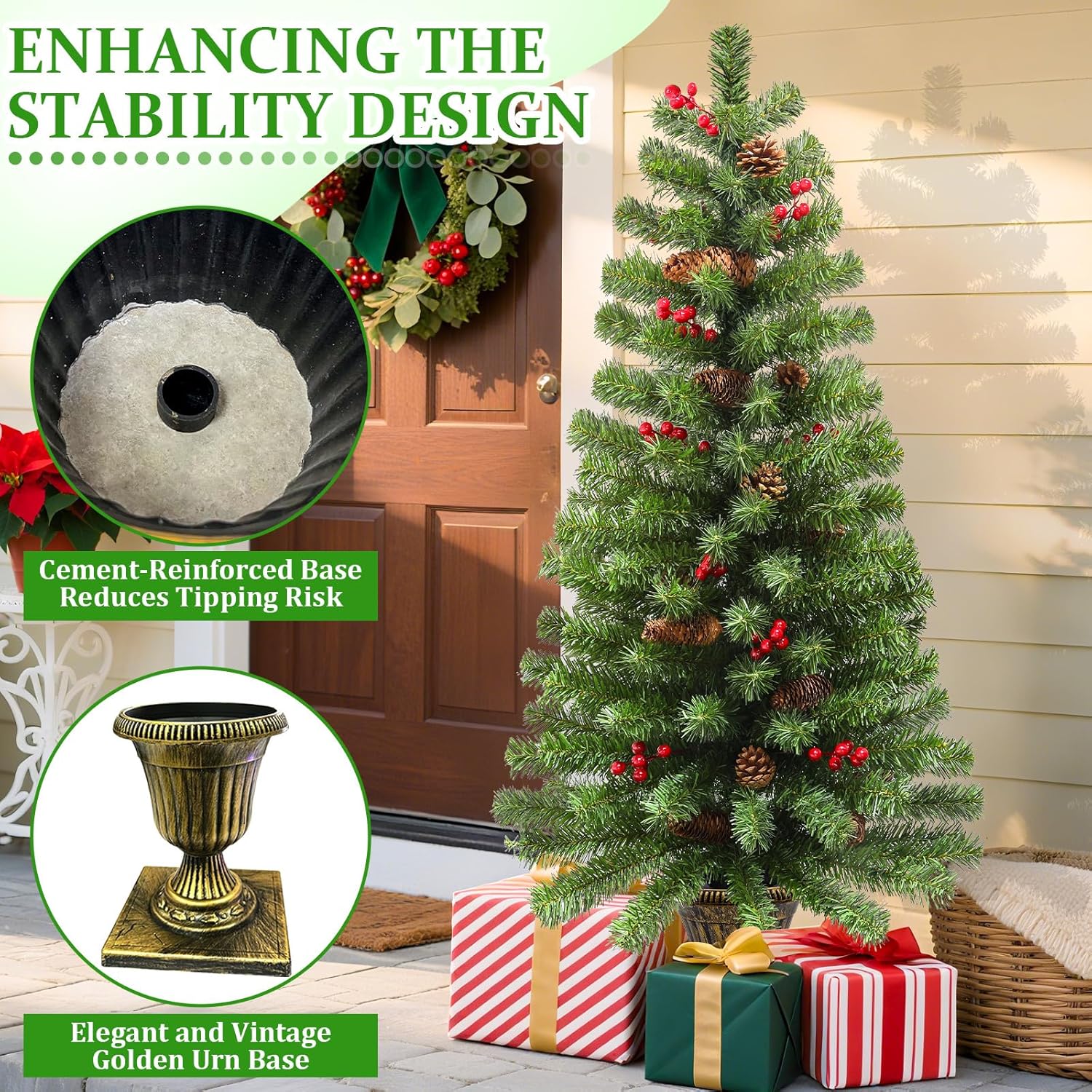 2 Pack 4 Ft Potted Artificial Christmas Entrance Tree with 60 LEDs Warm White & Colorful Light Change 8 Mode Auto Timer Battery Operated 140 Branches 15 Pinecone 15 Berries Door Porch Xmas Decor