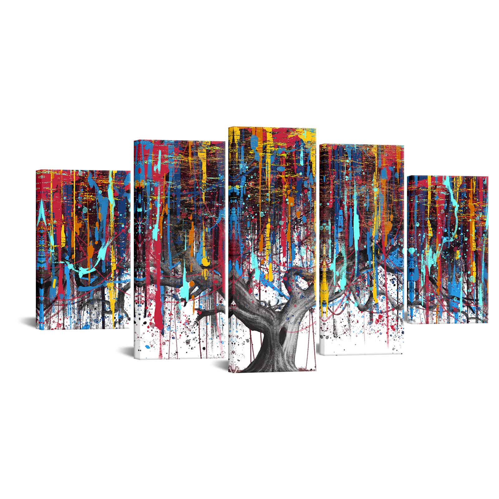 iKNOW FOTO 5 Pieces Abstract Large Tree Painting on Canvas Modern Colorful Tree Art Picture Giclee Print for Home Living Room Decor Gallery Canvas Wrapped Ready to Hang 60x32inch