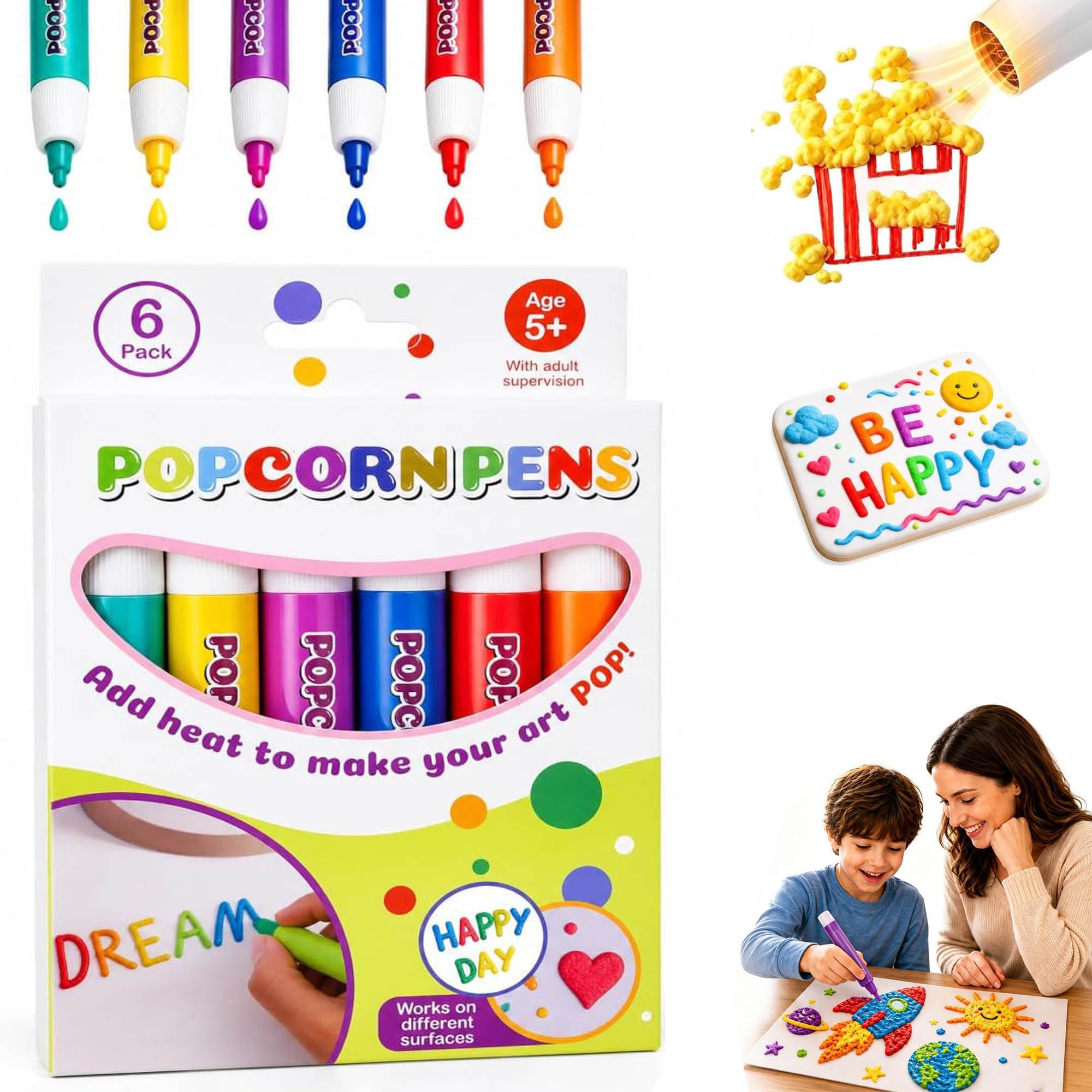 Topacme 3D Relief Art Pen, Popcorn Pens with Puffy Popcornpens Art，6 pack