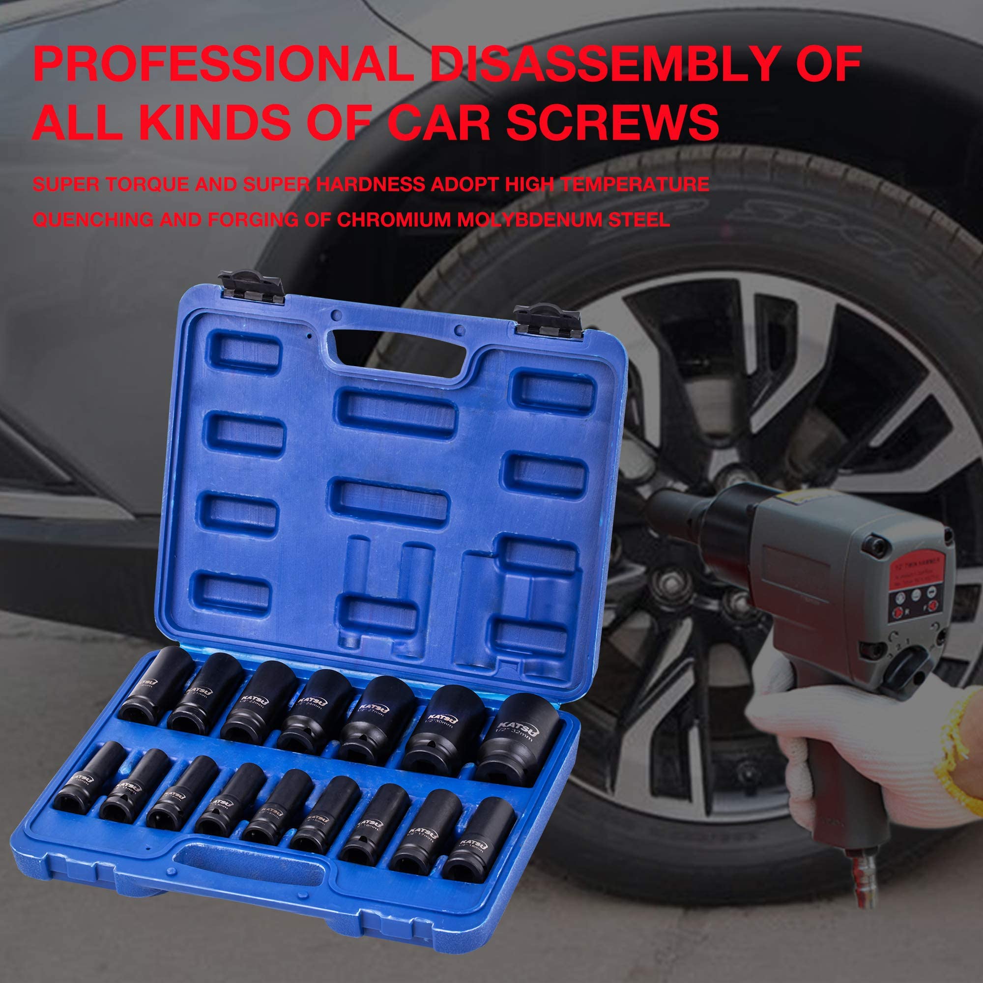 KATSU 1/2" Llaves de Vaso Impacto 16 Piezas, 10mm - 32mm Juego de Llaves de Vaso de Impacto Profundo Llave Métrica Resistente, Herramienta de Reparación Motores Camiones Tractores 420441