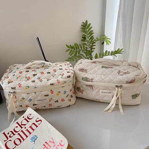 Miniatura 6 de Bolsa de maquillaje de algodón, bolsa grande para cosméticos de viaje, bolsa acolchada para cosméticos, bolsa de aseo floral de coqueta, pequeña