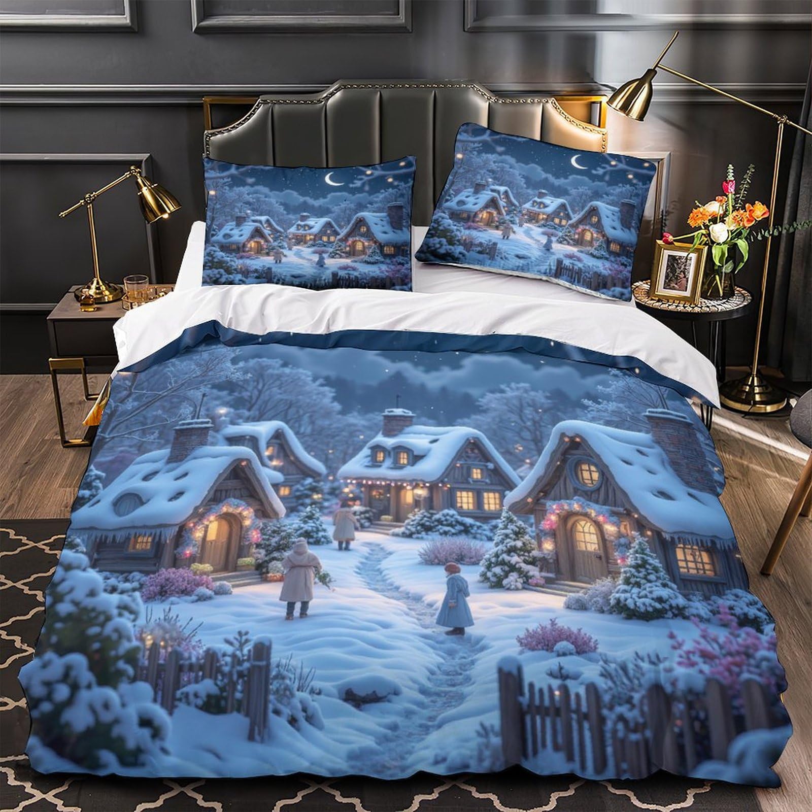 Housse de couette village d'hiver 3D microfibre parure 3 pièces King 220x240cm