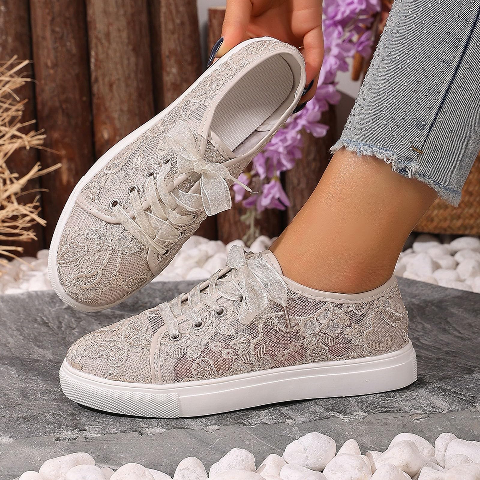 Trachtenschuhe Damen Flach Spitzen Dirndlschuhe Trachten Dirndl Schuhe Braut Oktoberfest Sneaker zum Kleid Hochzeitsschuhe Leichte Bequem Stoffschuhe Atmungsaktive Mesh Sommerschuhe