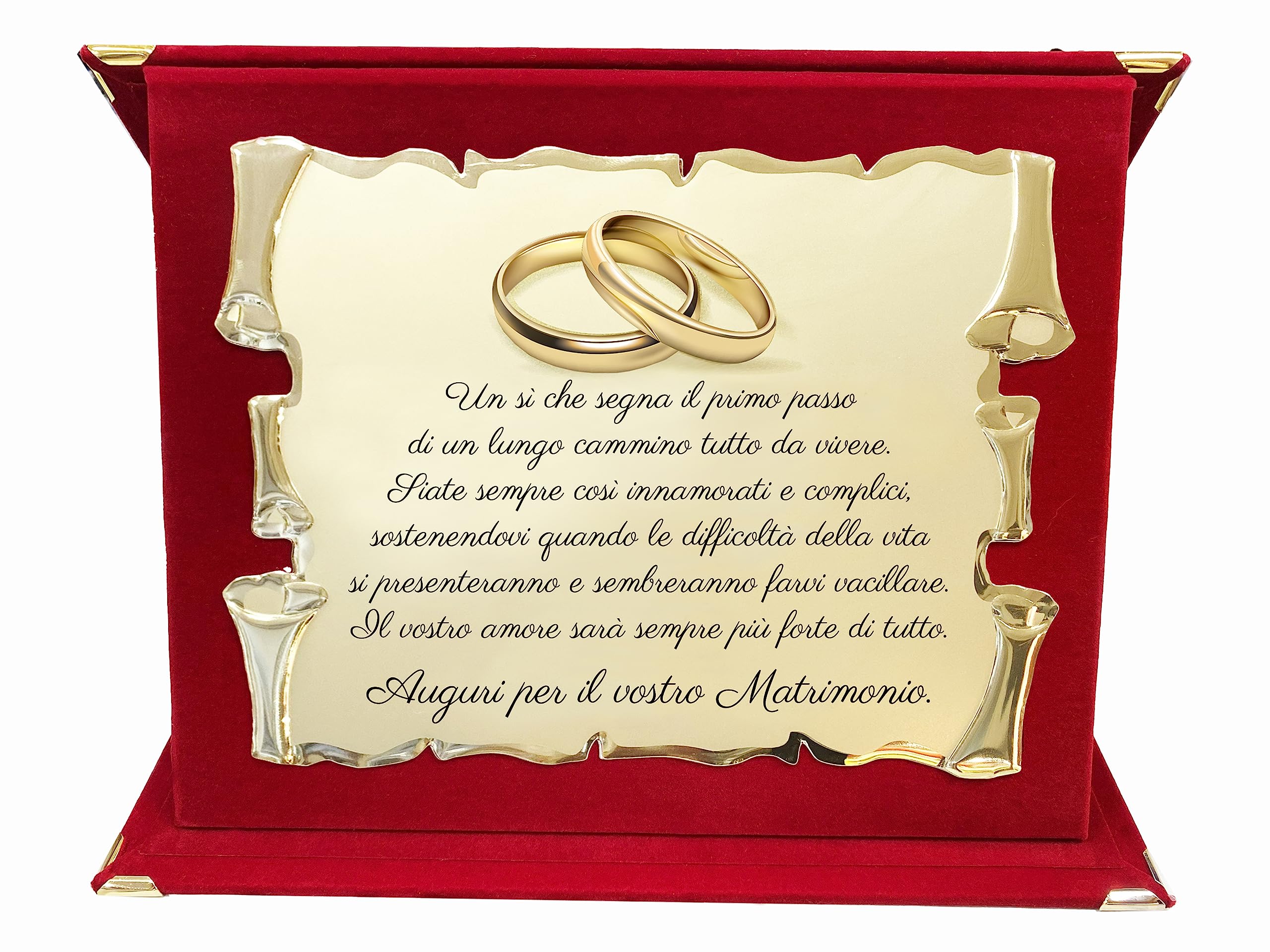Regalo Matrimonio | Targa per Matrimonio | Pergamena Dorata in Alluminio su Cofanetto Velluto Rosso | Regalo Sposi