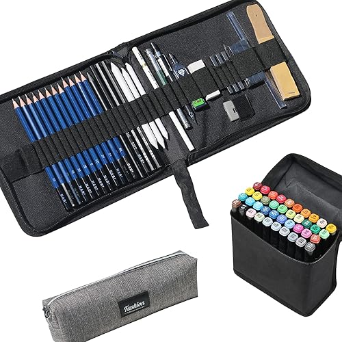 iSunful Lápices de bocetos, juego de suministros de dibujo artístico con kit de marcadores de colores para adultos, libro de colorear, regalo para