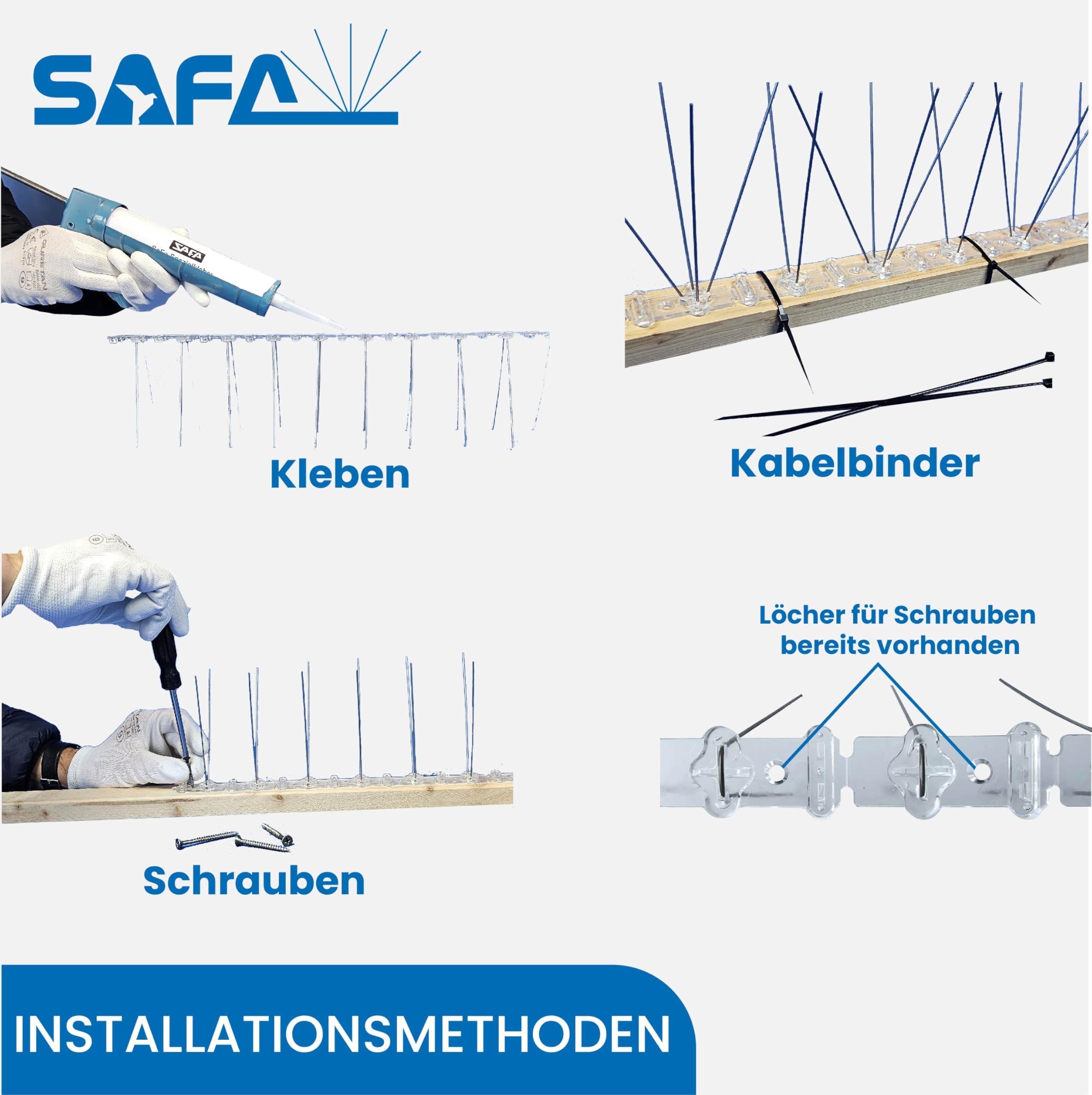10 Meter Vogelabwehr, Taubenabwehr/ 4-reihig, X-Form/ 20 Elemente a 50 cm/Taubenspikes aus Edelstahl auf UV-geschützter Polycarbonatleiste