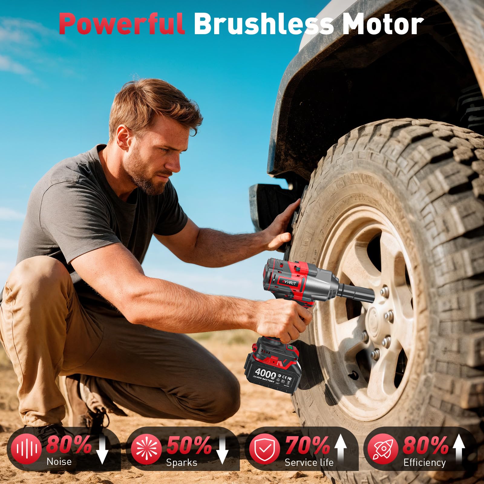 Llave de Impacto Inalámbrica 1600N.m con 2x 4000mAh Baterías, 1/2 Pistola de Impacto Batería, Eléctrica Llave de Impacto para Coches Camiones, con 5 Enchufes