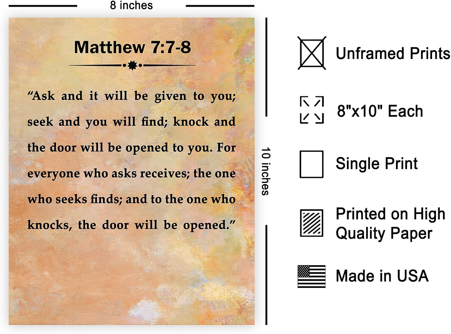 Poster Master Bible Verse Print - Matthew 7:7-8 Poster - Scripture Art - Religious Gift for Men, Women - Inspirational Art - Christian Decor for Chapel, Bedroom, 8x10 Unframed Wall Art