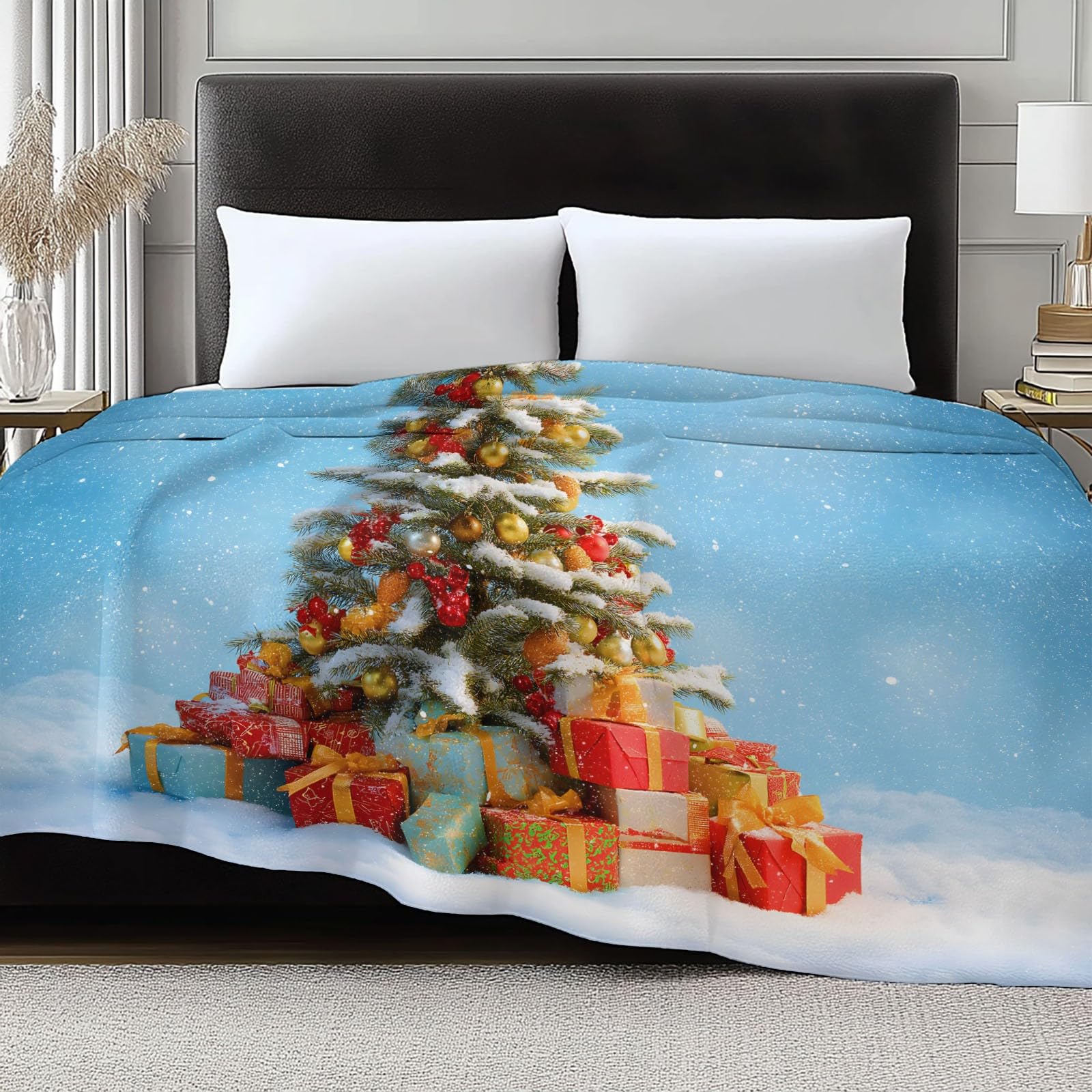 Generico Niebieski flanelowy koc w kratę świąteczny motyw choinki prezenty miękki lekki koc 220 x 240 cm - nadaje się do łóżka kanapy kempingowej podróży leżak