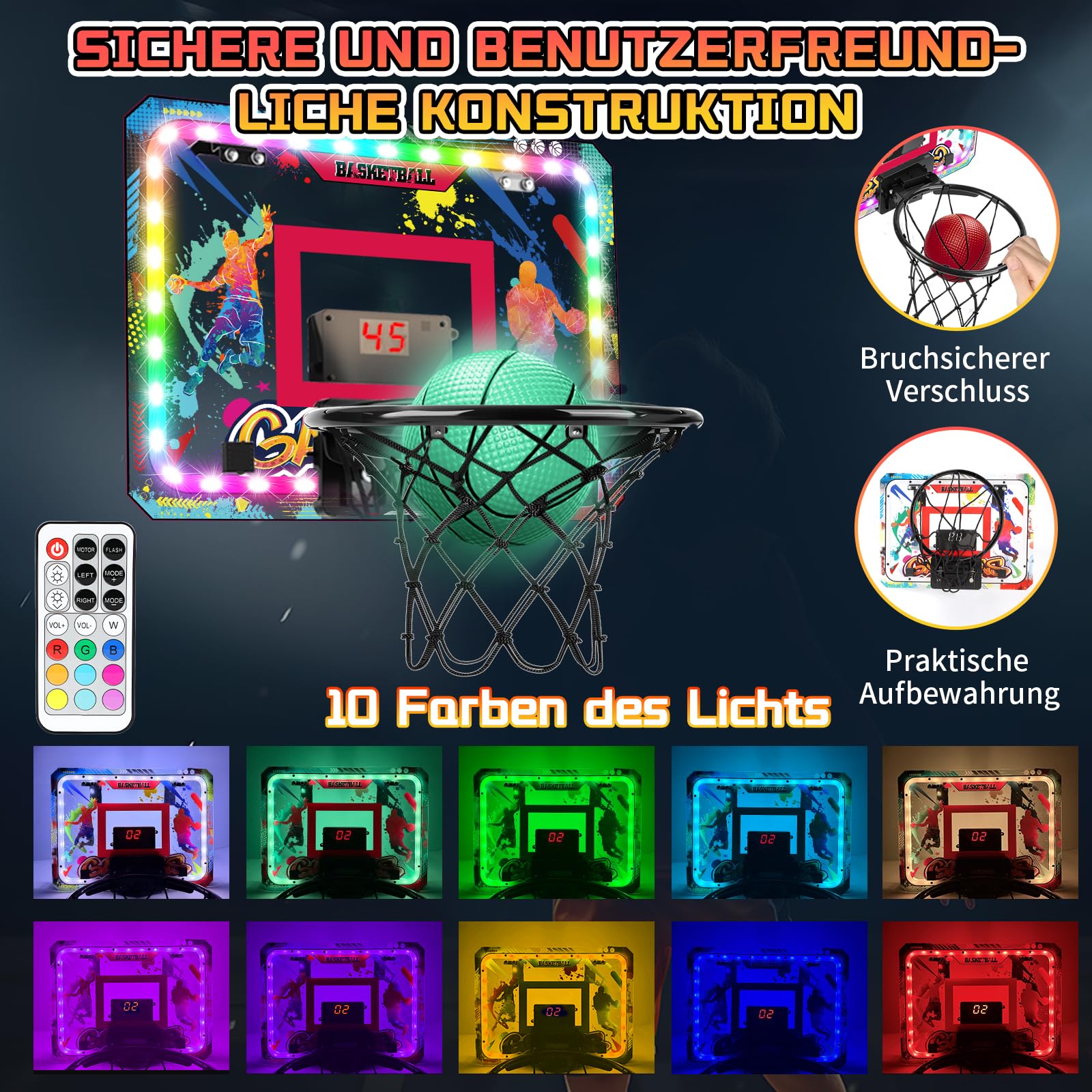Bewegliches Basketballkorb Indoor, Mini Basketballkorb fürs Zimmer Tür mit Fernbedienungen, Leuchtend Bällen, Anzeigetafel, 10 Farben Lichter, Basketballbrett Kinder für Jungen Mädchen