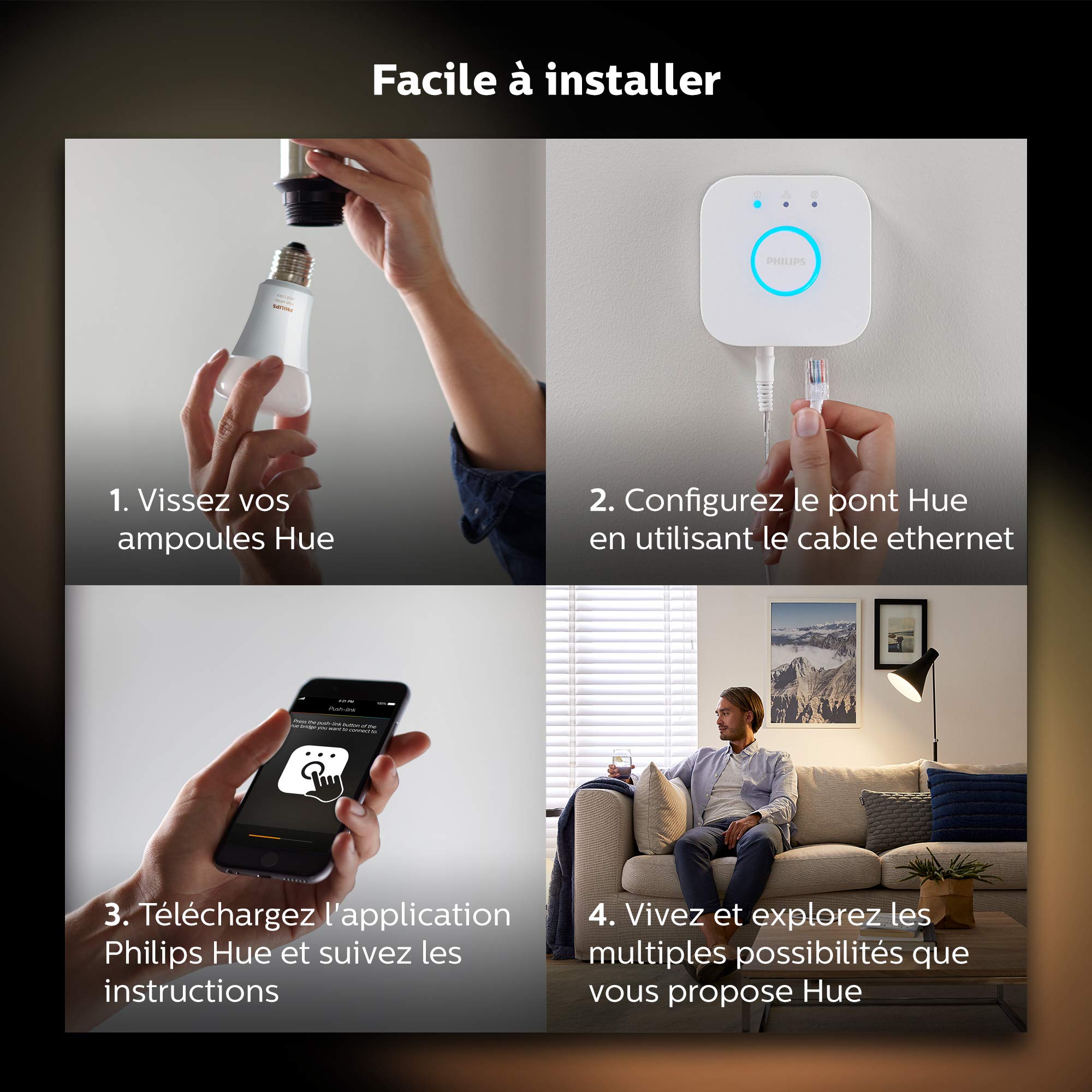 Philips Hue Kit de démarrage Ampoules LED Connectées White E27 Pack de 3, Pont et télécommande Smart Button Fonctionne avec Alexa