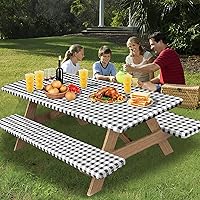 Vista 2 de OutdoorLines Mantel de vinilo ajustable para mesa de picnic con fundas de banco, mantel elástico impermeable para mesa de picnic