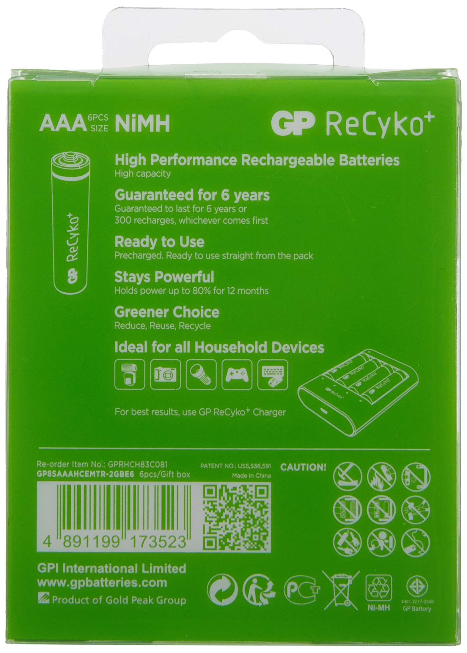 GP Batterie Recyko+ 850 AAA Slim Pen Ni-MH Batteria Ricaricabile, 1,2 Volt, Carta 6, Verde/Nero