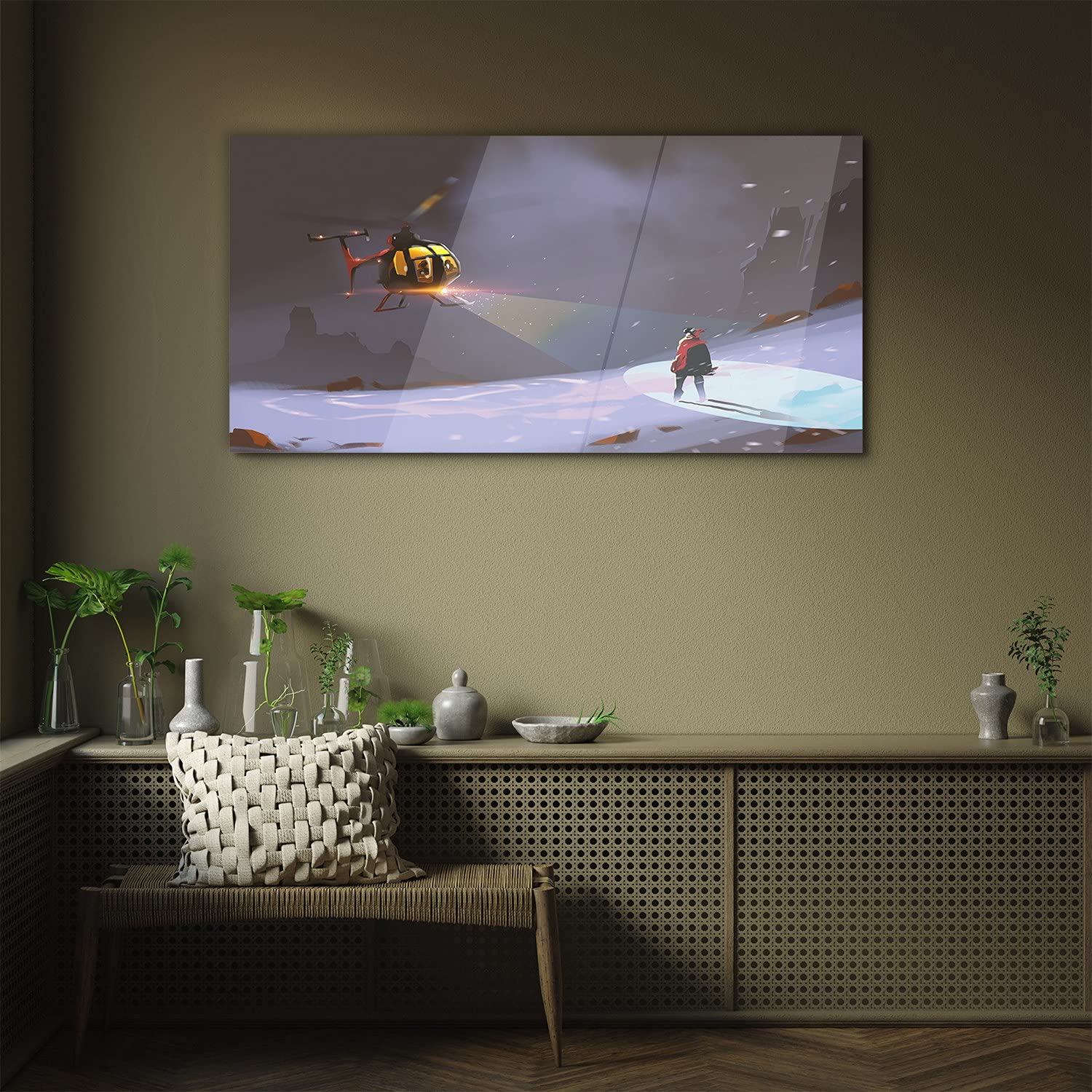 Coloray Pintura Vidrio Acrílico 100x50cm Cuadro De Pared De Arte De Vidrio Mural Sala De Estar Cocina Acryl - Helicóptero De La Nieve De La Montaña