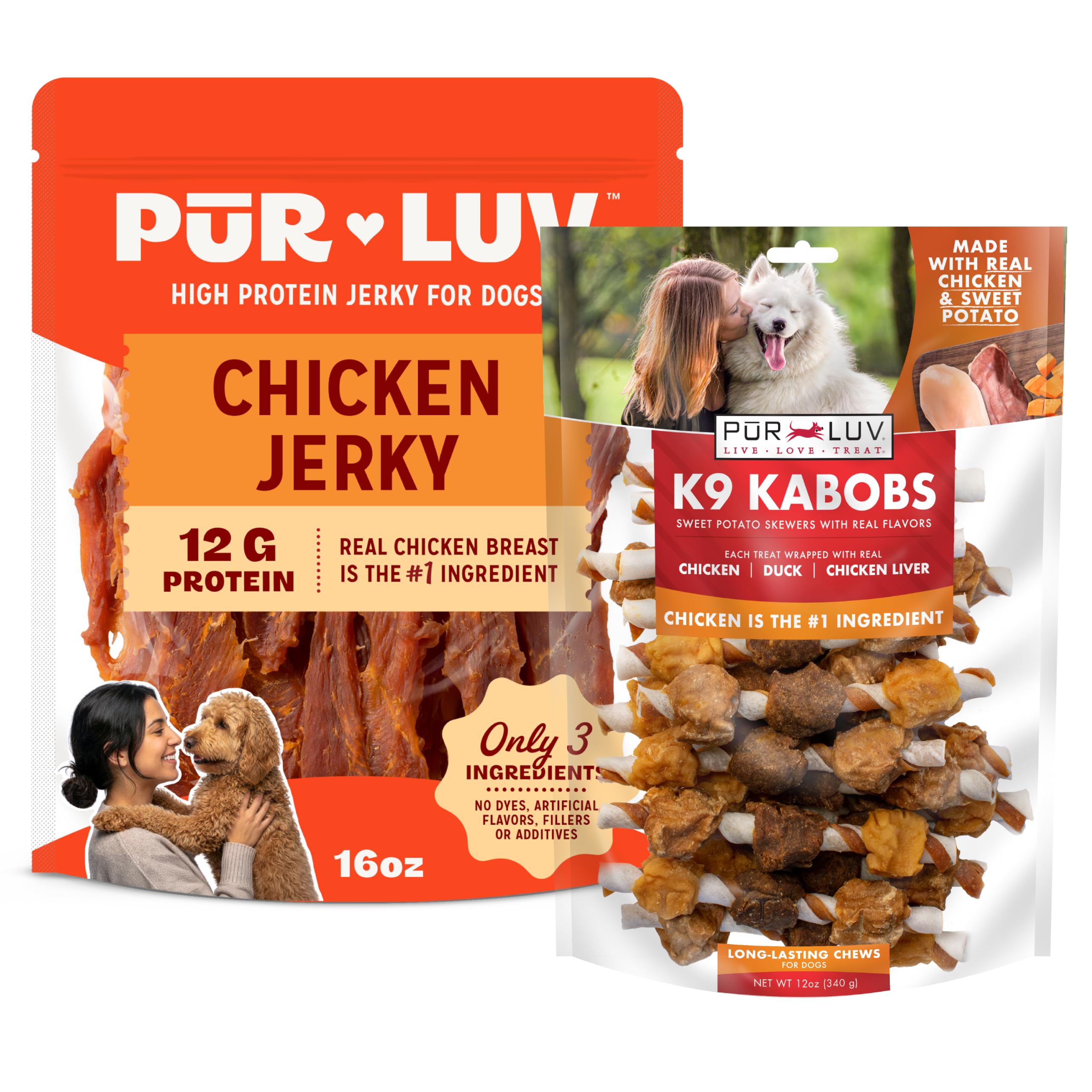 Pur Luv Pur Luv Dog Jerky Treats, 16oz + Chicken, Duck, and Sweet Potato Kabob Treats, 12oz, Healthy, Easily Digestible, Long-Lasting, High Protein Dog Treats, Satisfies Dog's Urge to Chew