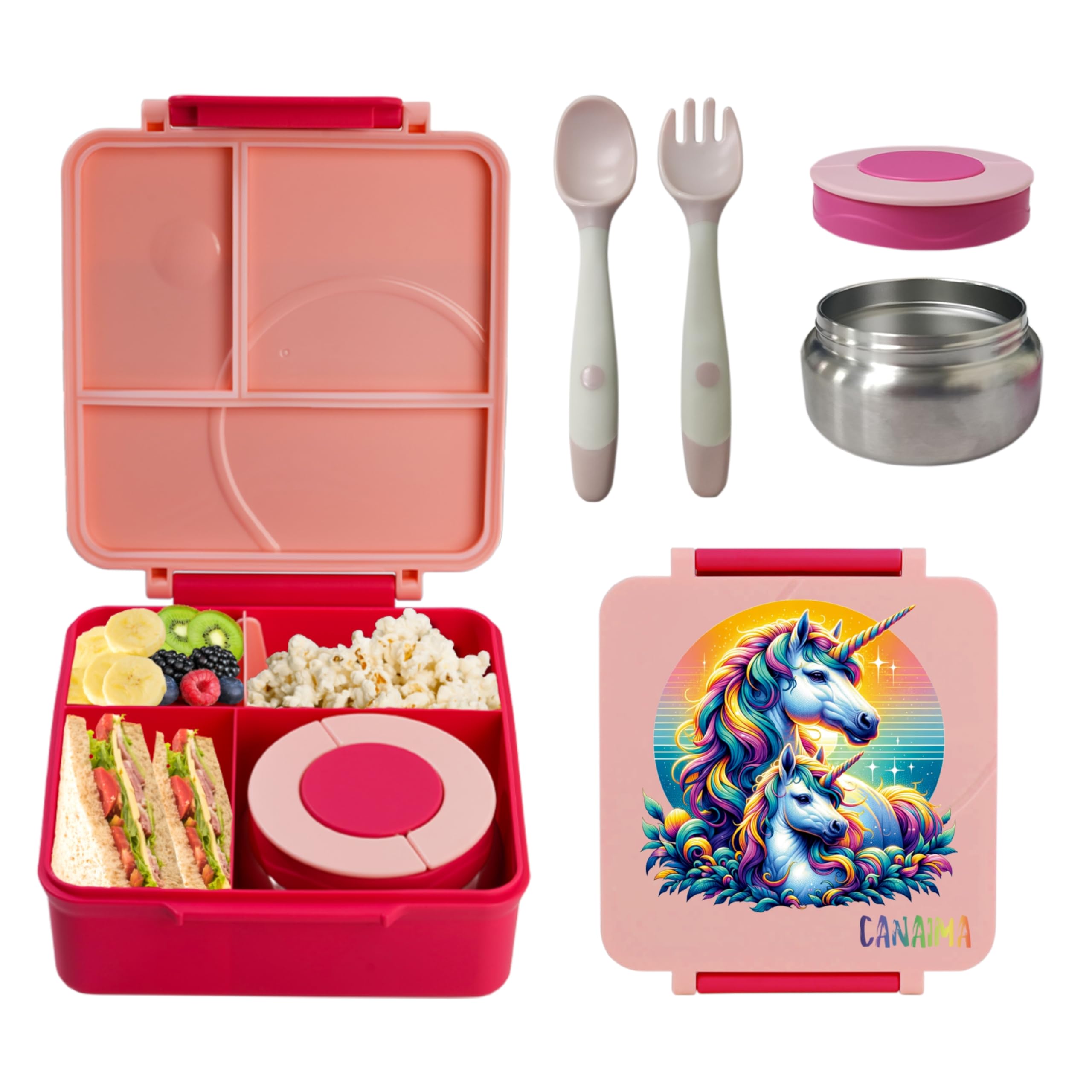 CANAIMA Bento Box for Kids with Thermos -1600ml Leak Proof - Amazing Designs - Microwave-Safe, BPA-Free, Easy to Clean Bento Lunch Box for Kids & Adults - School & Office (Pink 2 Unicorn)