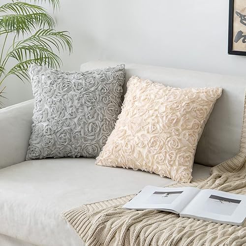 Miniatura 4 de MIULEE Paquete de 2 fundas de almohada decorativas románticas de gasa con diseño de rosas, fundas de almohada cuadradas sólidas para sofá y