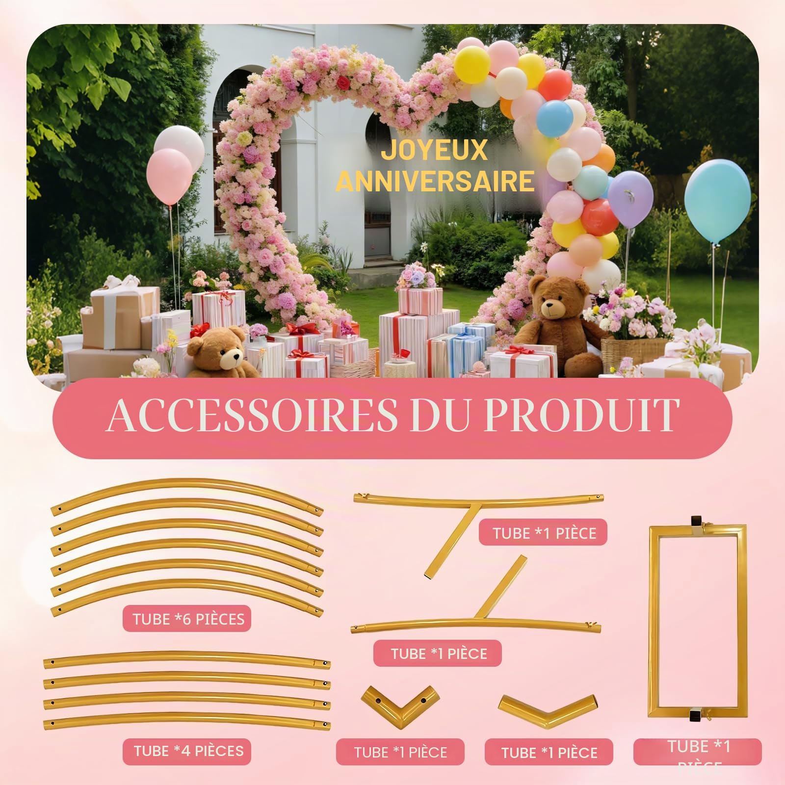 Arche de Ballons Cœur 2m x 2m en Métal avec Support, Set d’Arche en Forme de Cœur pour Mariage, Baby Shower, Anniversaire, Fête – Structure Robustes pour Décoration