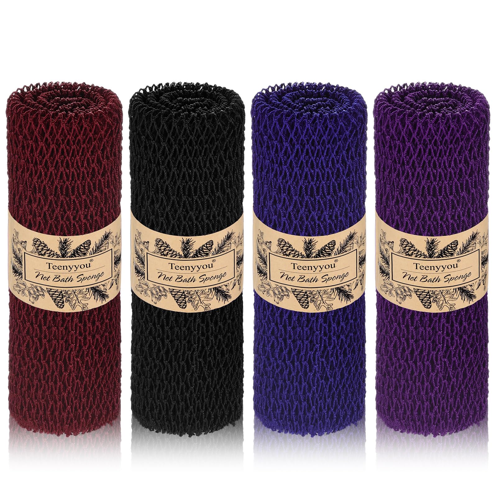 Teenyyou 4 Pieces African Net Sponge Colorful Real African Exfoliating Sponge Bath Cloth Long Net Washcloth Towel Body Exfoliator Back Scrubber for