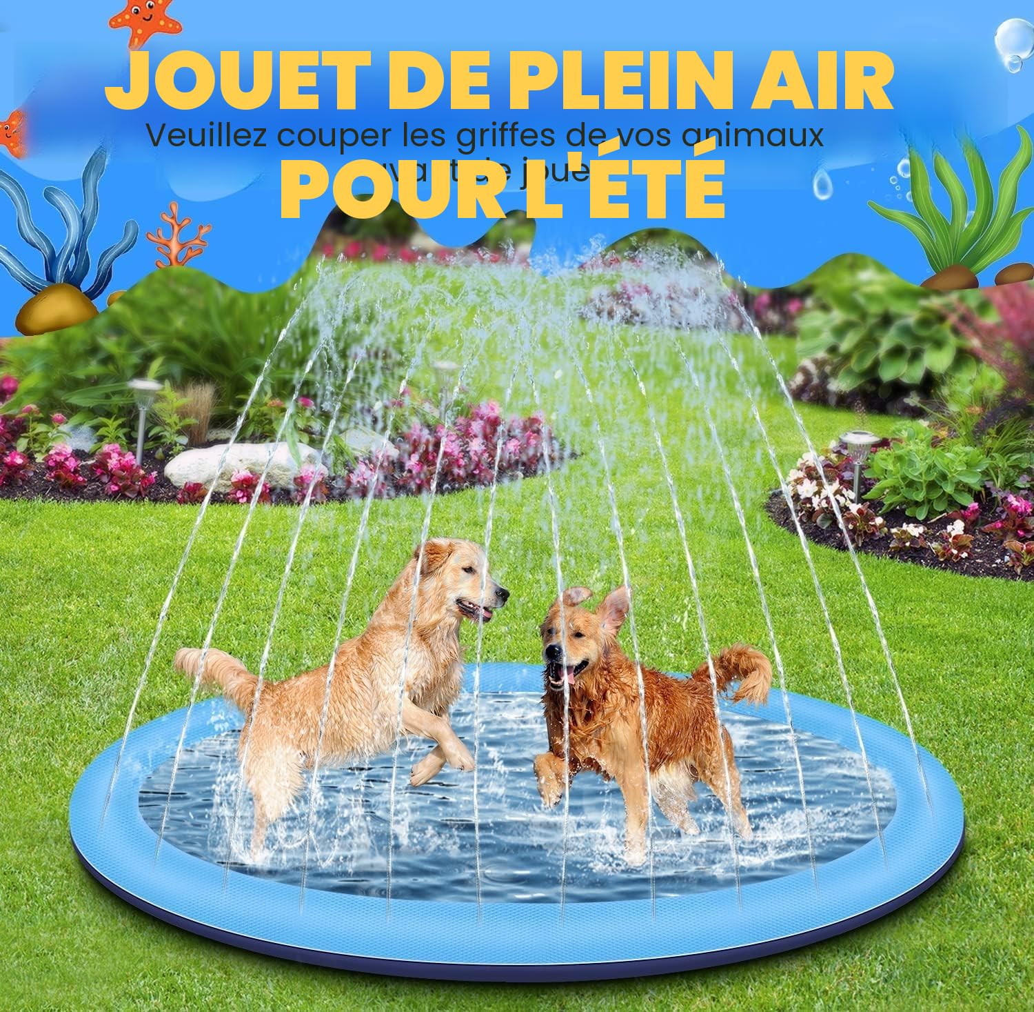 LATERN Tapis de Jet d'eau pour Enfants et Chiens, 170CM Tapis de Jeu Splash Épaissi Coussin D'arrosage Antidérapant Jouets Aquatiques Gonflables pour Enfant Compagnie Été Jardin Extérieur Jouer