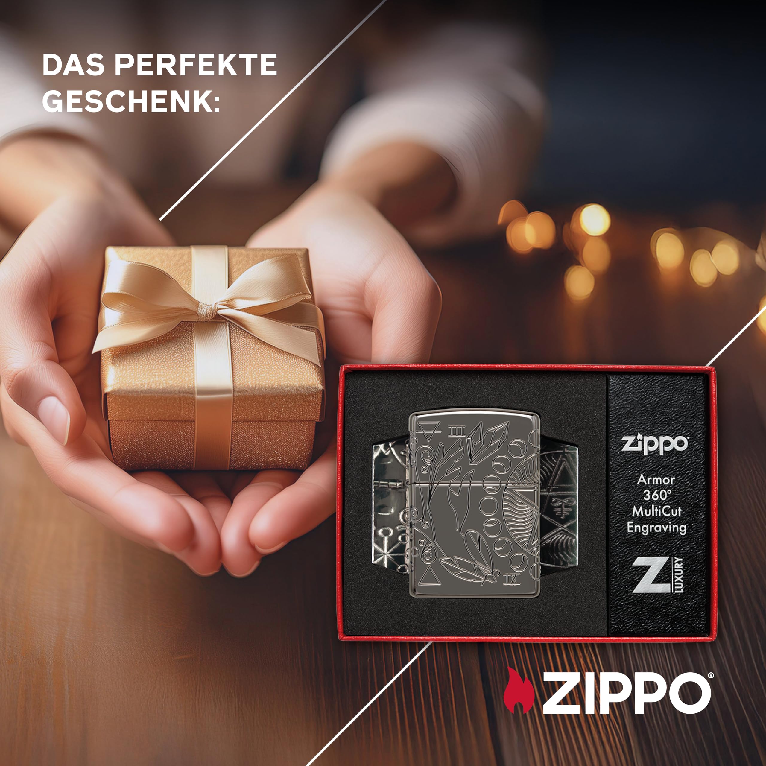 Zippo Sturmfeuerzeug - Wicca Design, Multi Cut - Armor High Polish Black Finish - Nachfüllbar - Wiederverwendbar - Windfestes Design - Geschenkbox - Made in USA