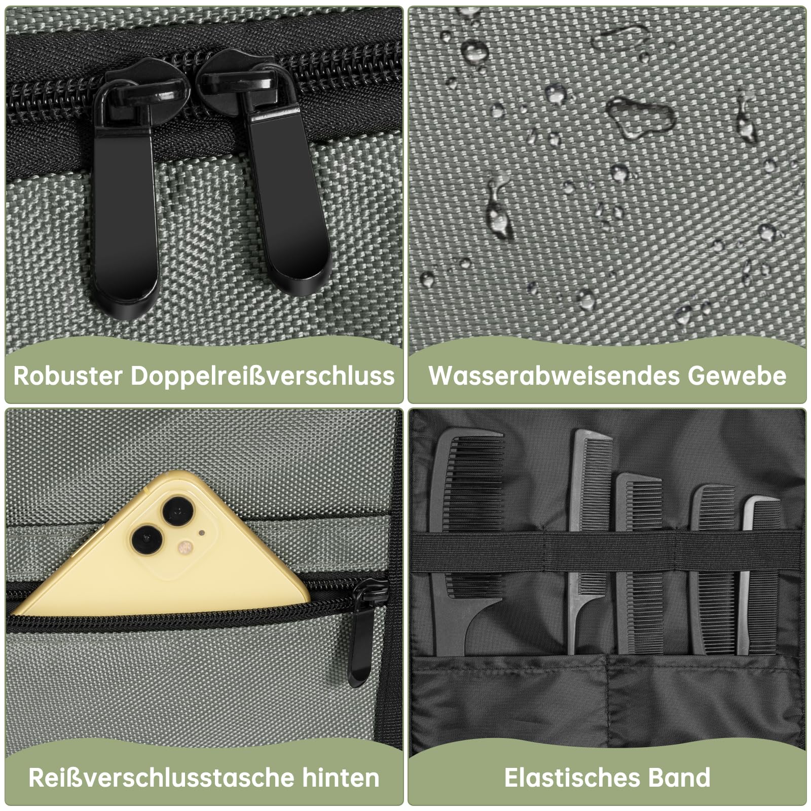 Borsa da parrucchiere professionale portatile, con tasche multiple e divisioni regolabili per accessori. Ideale per parrucchieri e visagisti.