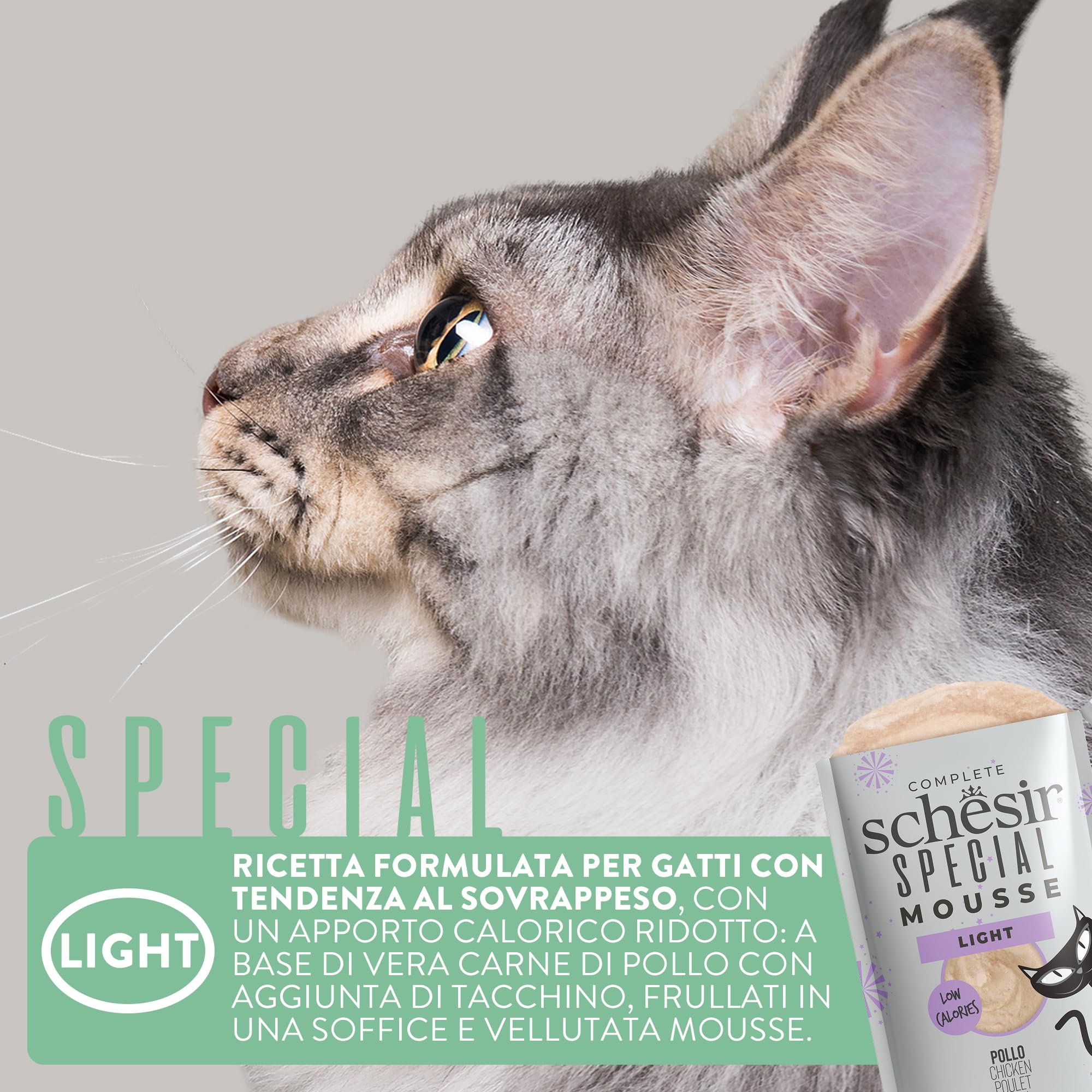 Schesir Special Light, Filetti di Pollo in Mousse, Alimento Umido Completo per Gatti, in Busta, Grain Free, Alto Contenuto di Proteine, Ricco di Idratazione, 12 x 70g
