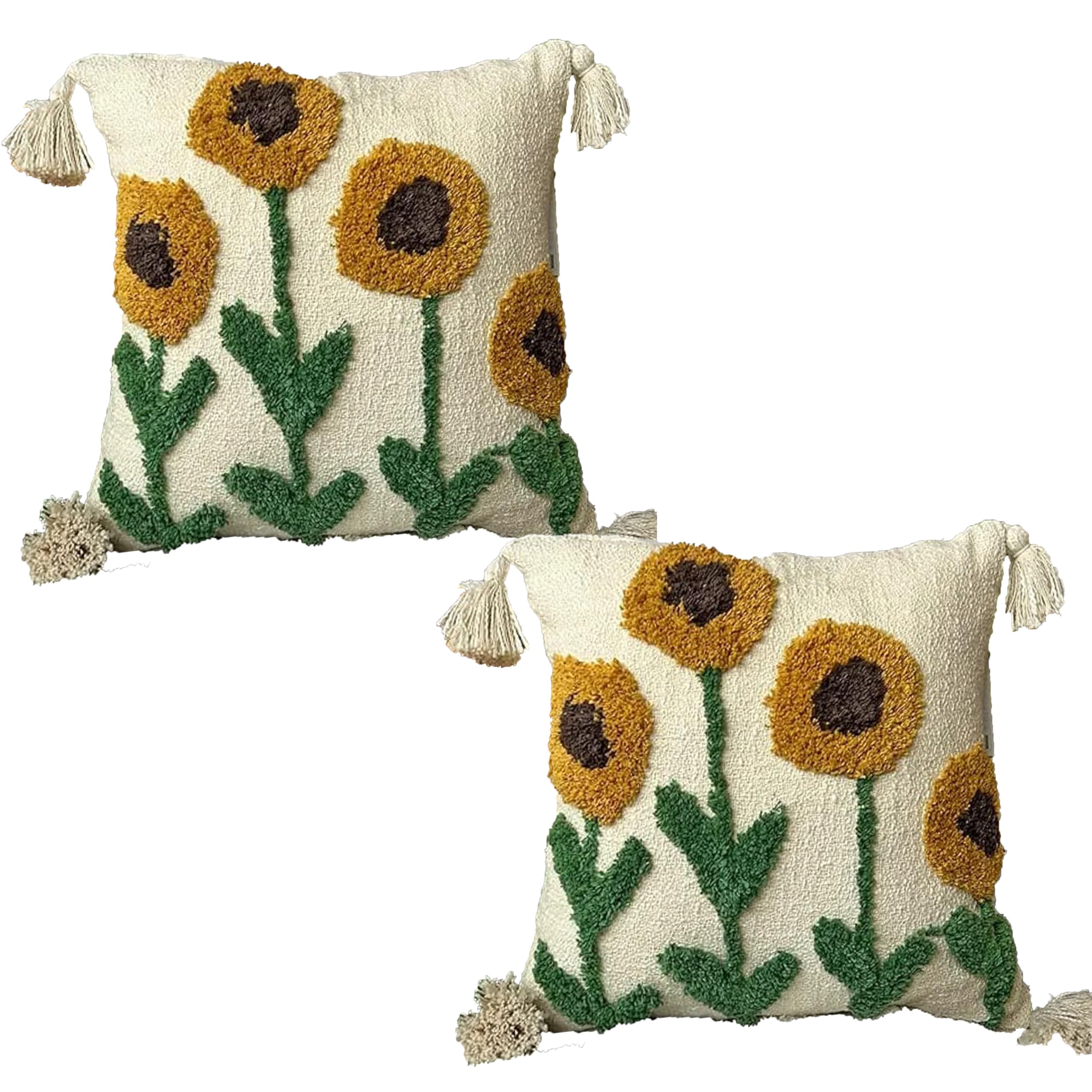 Tarantaran Tufted Decorative Throw Pillow Cover, Blue and White Geometric Pattern with Tassels, 40.6 x 40.6 cm, Modern Square Pack of 2 (Sunflower)-image-48