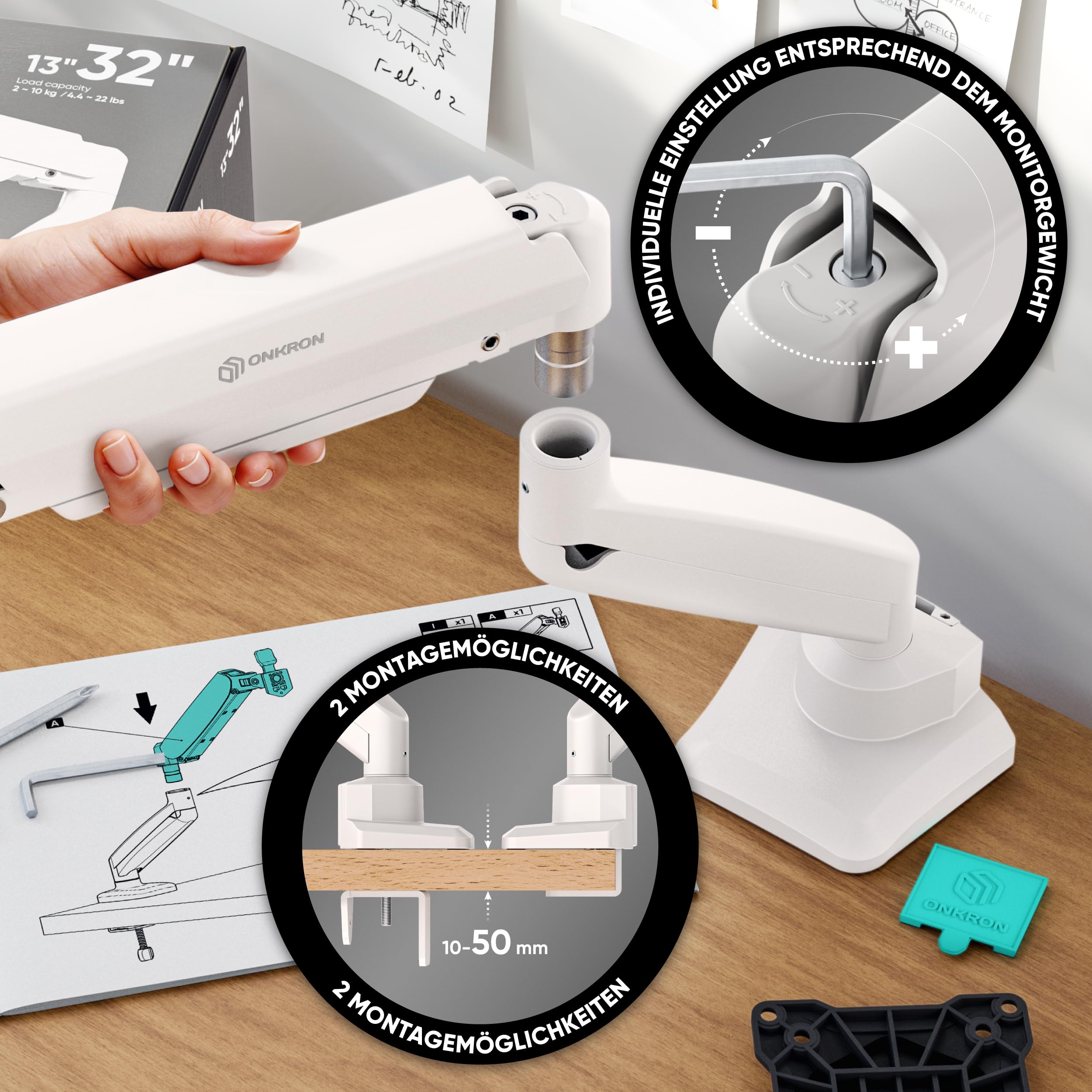ONKRON Monitor Halterung für 13-32 Zoll Bildschirm bis 10 kg, Gasdruckfeder Arm, Bildschirmhalterung mit Schnellwechsel-VESA 75x75 & 100x100, Höhenverstellbar Schwenkbar Drehbar, Weiß G80-BW