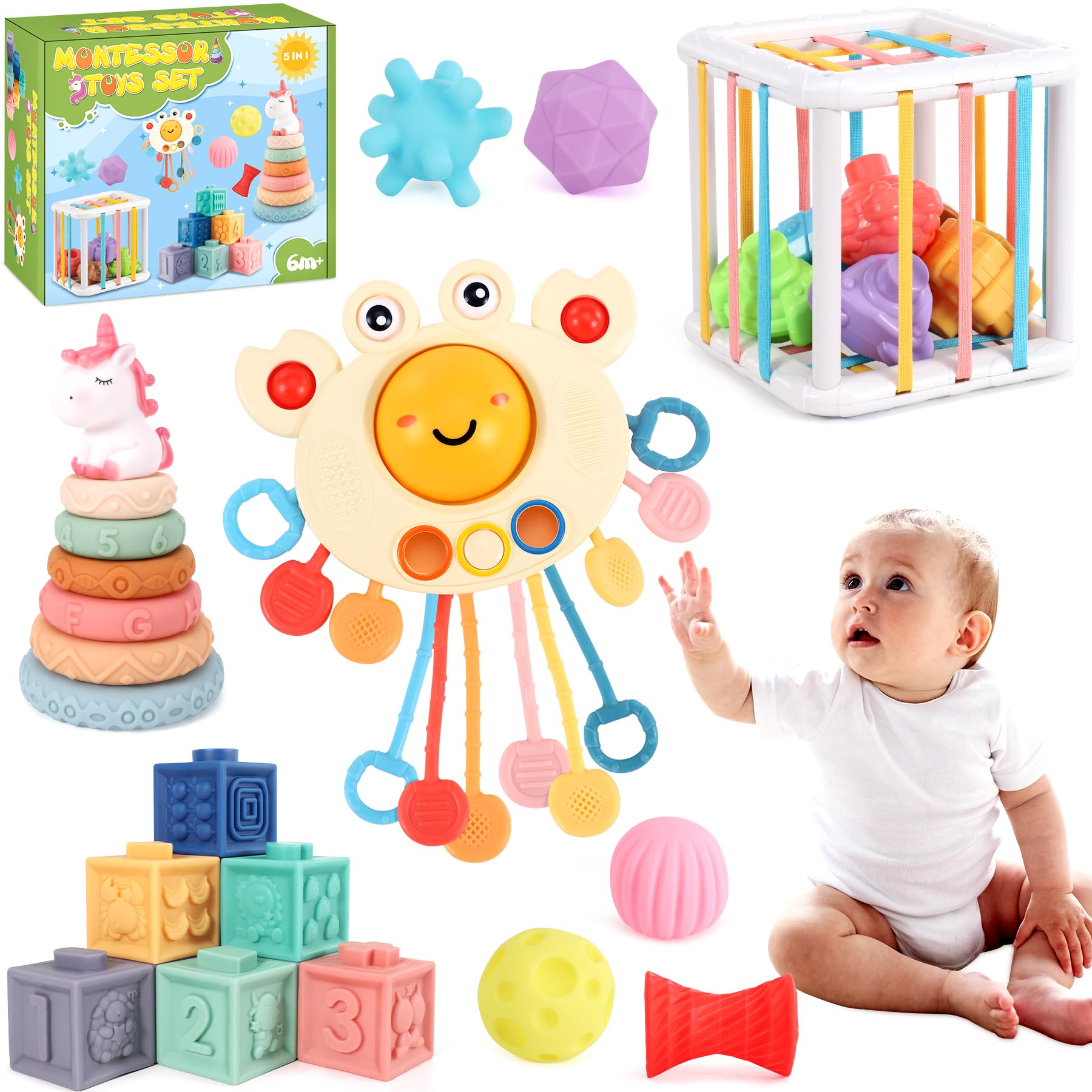 Juguetes Montessori Bebes 6-12 Meses 1 2 3 Años, Juguetes Sensoriales Educativos Montessori 26 Piezas Juguetes de Apilar y Encajar, Cubo, Bloques Mordedor Bebe Regalos para Bebés
