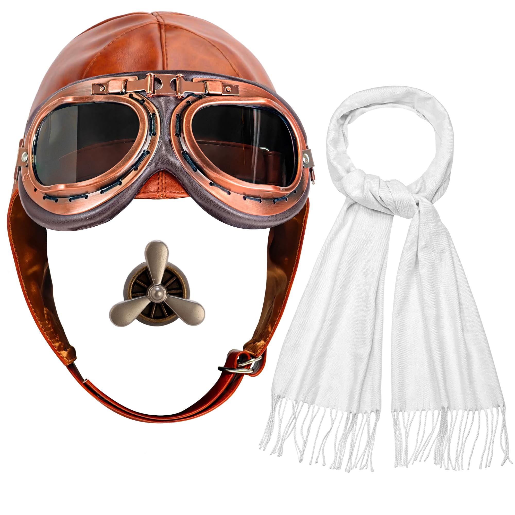 Horolam 4 PCS Aviator Costume Accessories, Aviator Hat With Goggles Pilot Cap White Scarf Brooch for Men Women