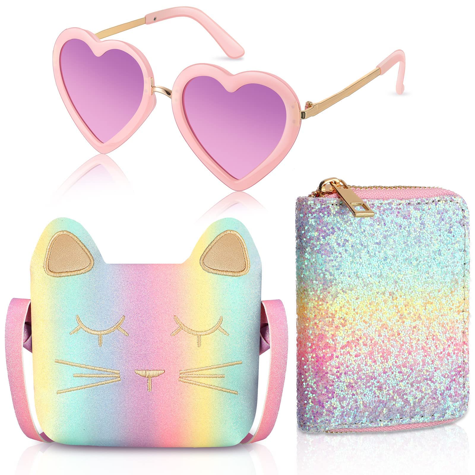 Excefore Princess Fashion Set, 3 Pcs Toddler Cute Cat Purse Heart Shaped Sunglasses with UV 400 Protection Crossbody Bag Glitter Small Wallet, Princess Accessories for Girls (Pink)